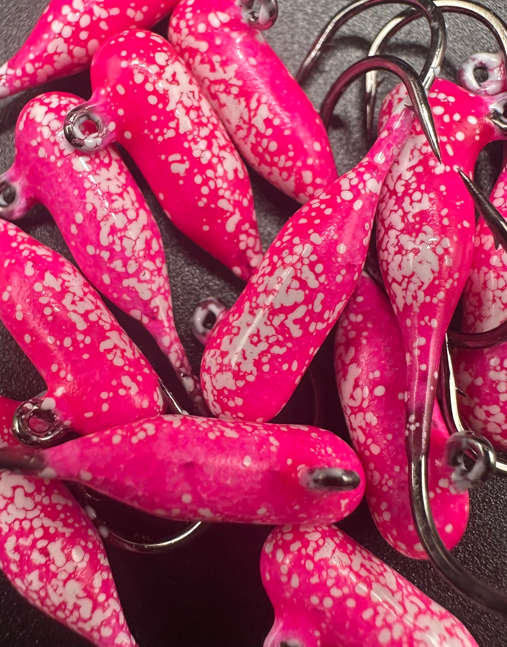 Pink speckled steelhead tube jigs with eyelet hooks, 1/16 oz