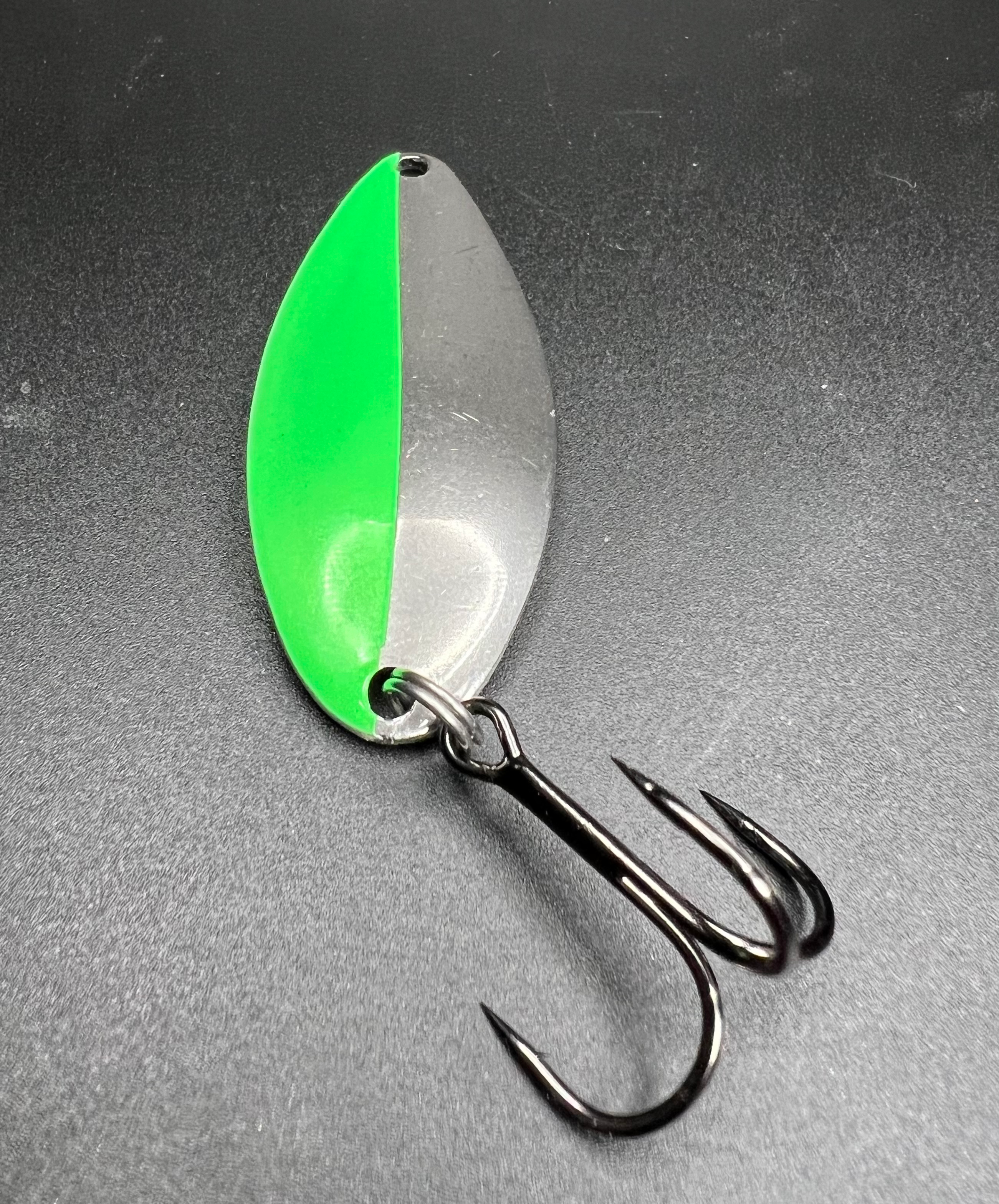 Salmon Hayek Little Cletus spoon bait, green and silver, treble hooks