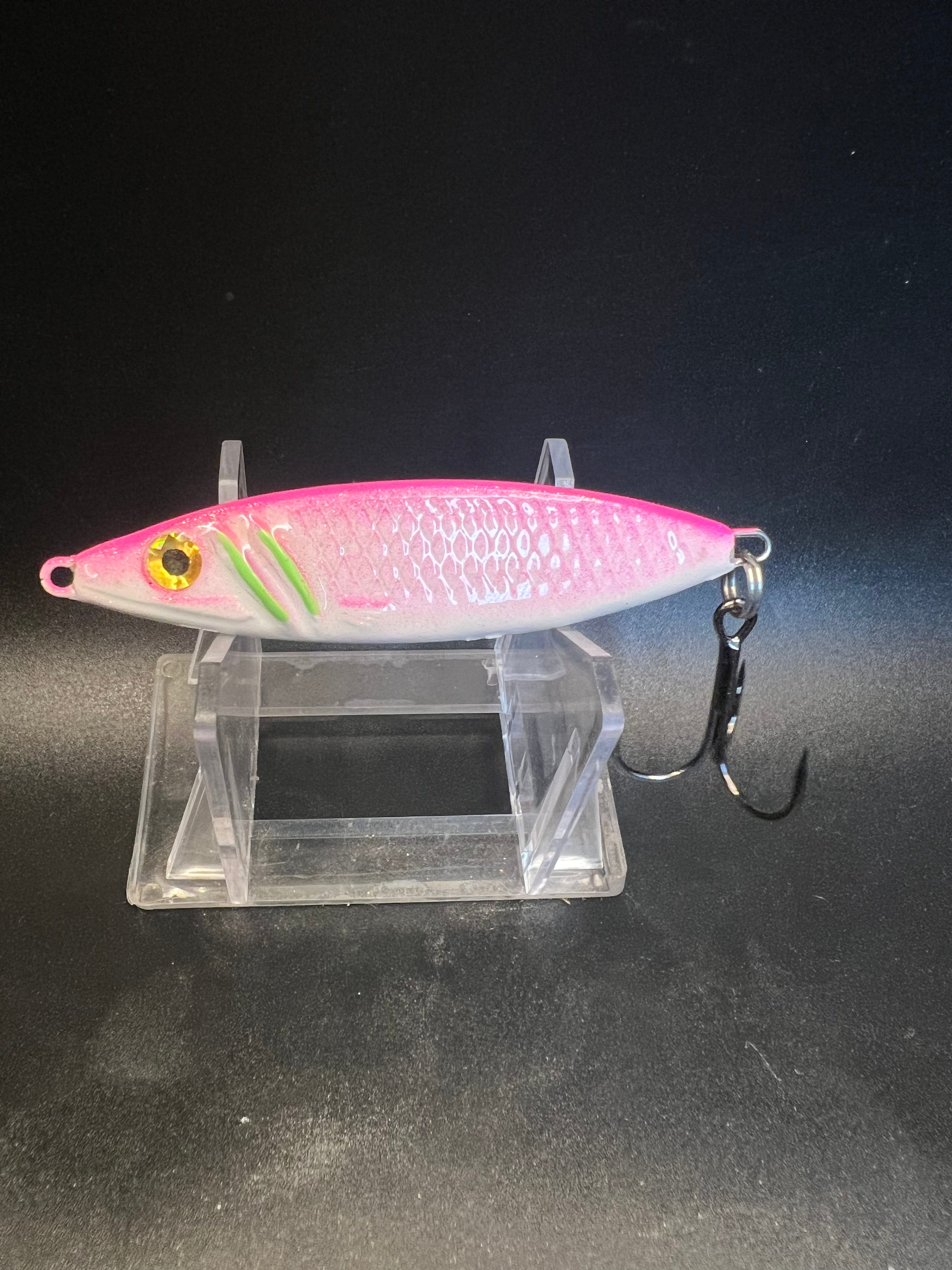 Shrimp Bizkit 1.25 oz jigging spoon in pink and silver with treble hook