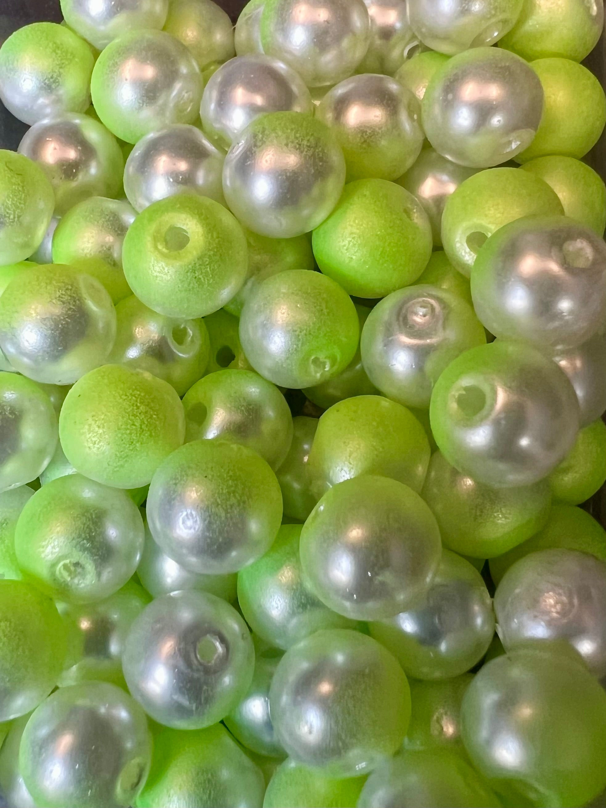 Green and silver-tone glass fishing beads, round with center hole