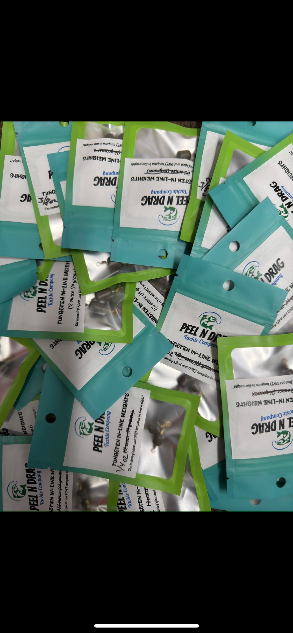 Tungsten inline sinker packs, teal pouches with lead-free label and hang hole