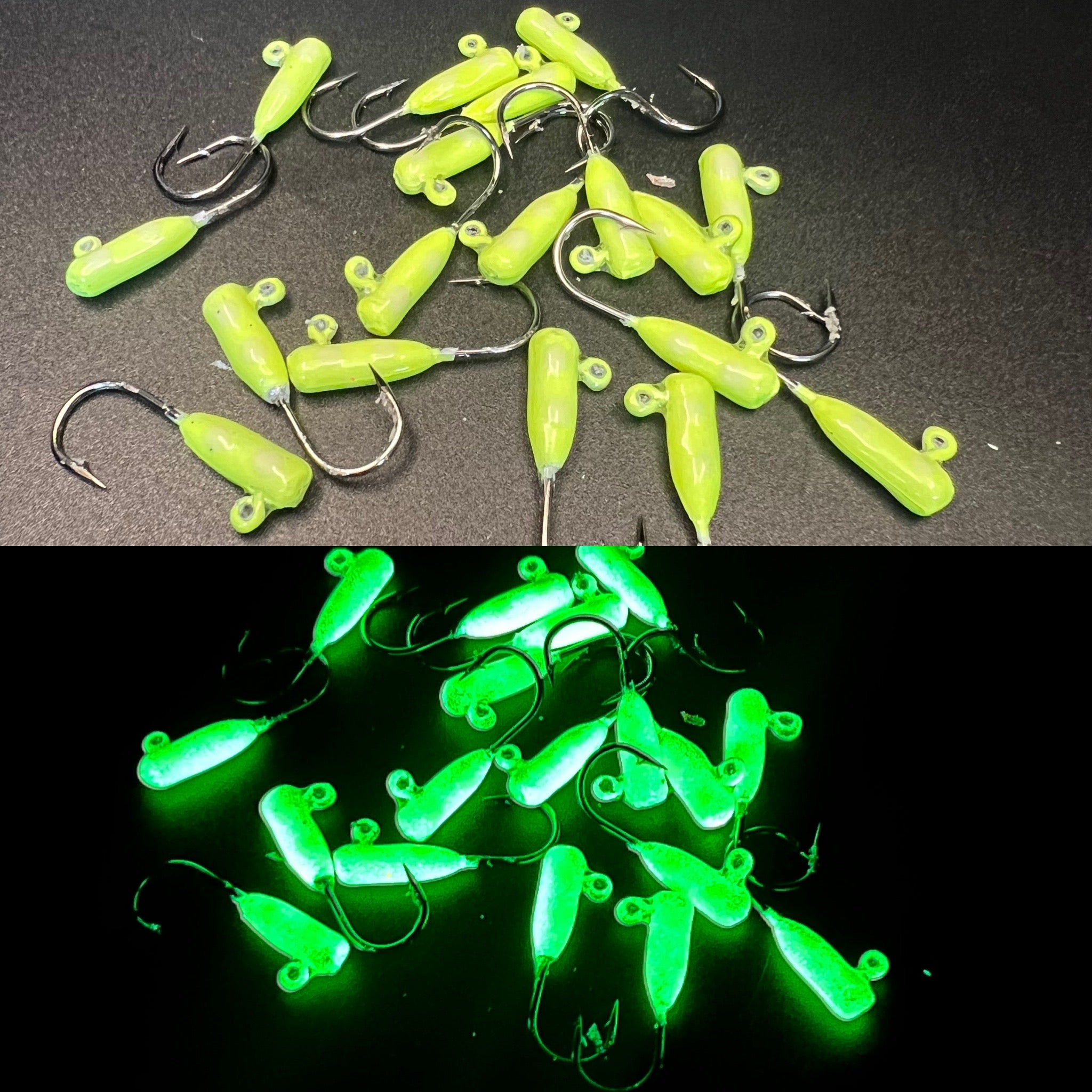 Yellow-green UV tube jig #4 with Voodoo hook, multiple pieces visible