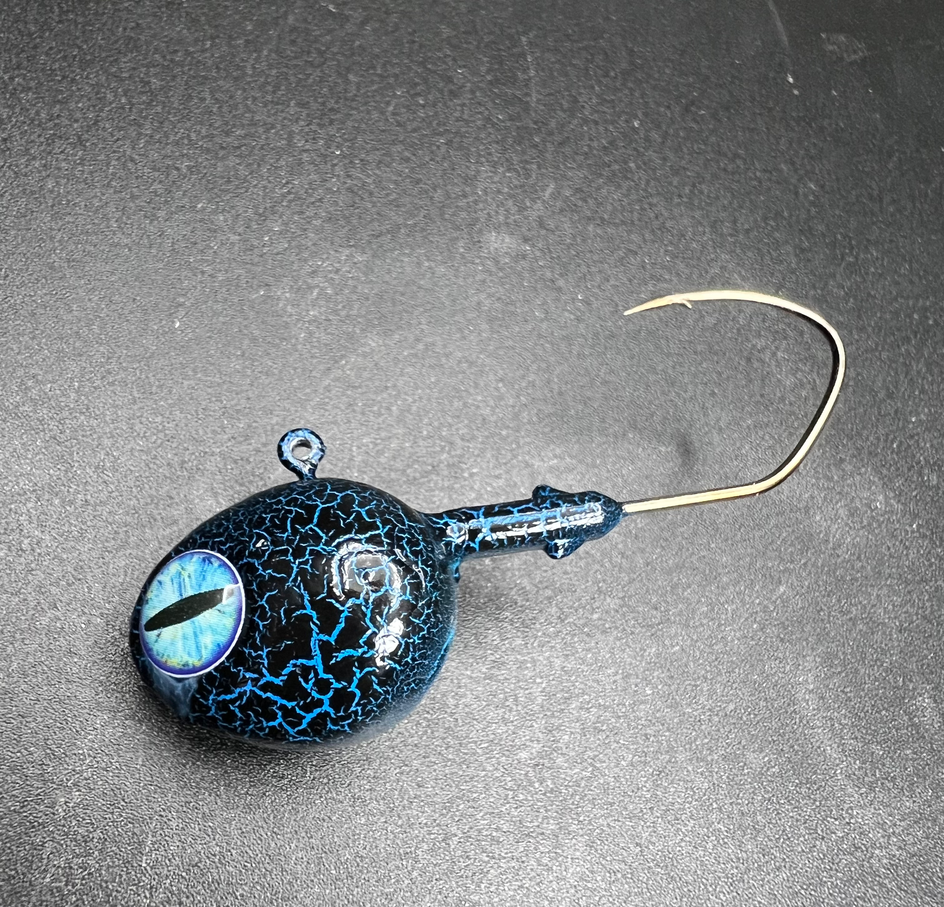 Blue Racer UV Walleye jig with blue crackle head and single hook