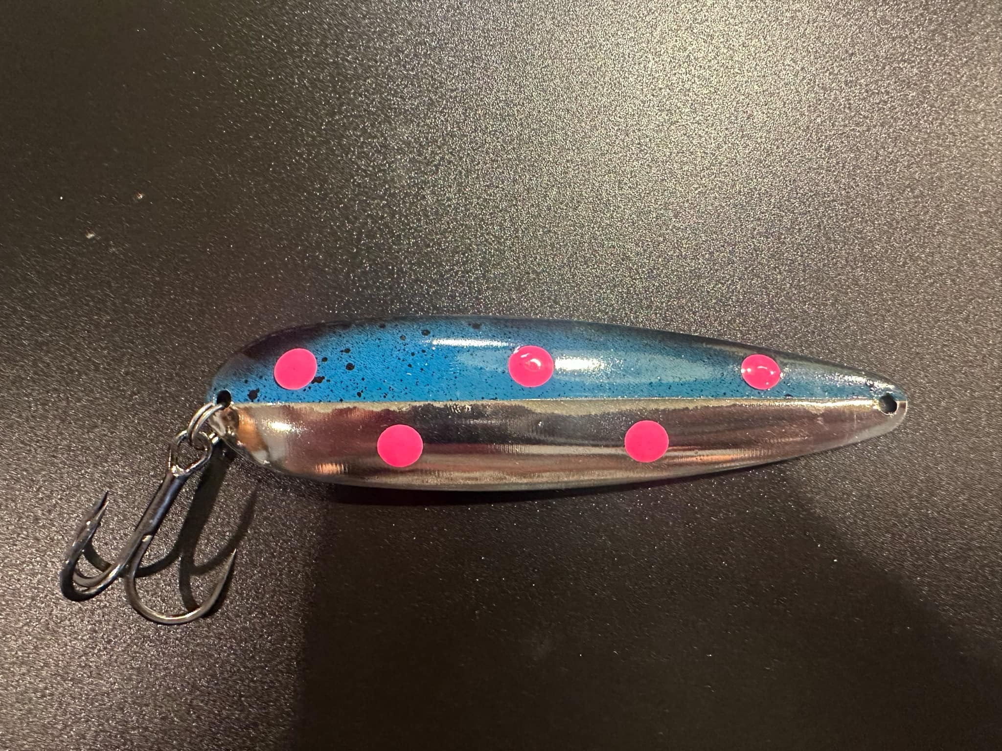Neptune Trolling Spoon—blue metal lure with pink spots and treble hook