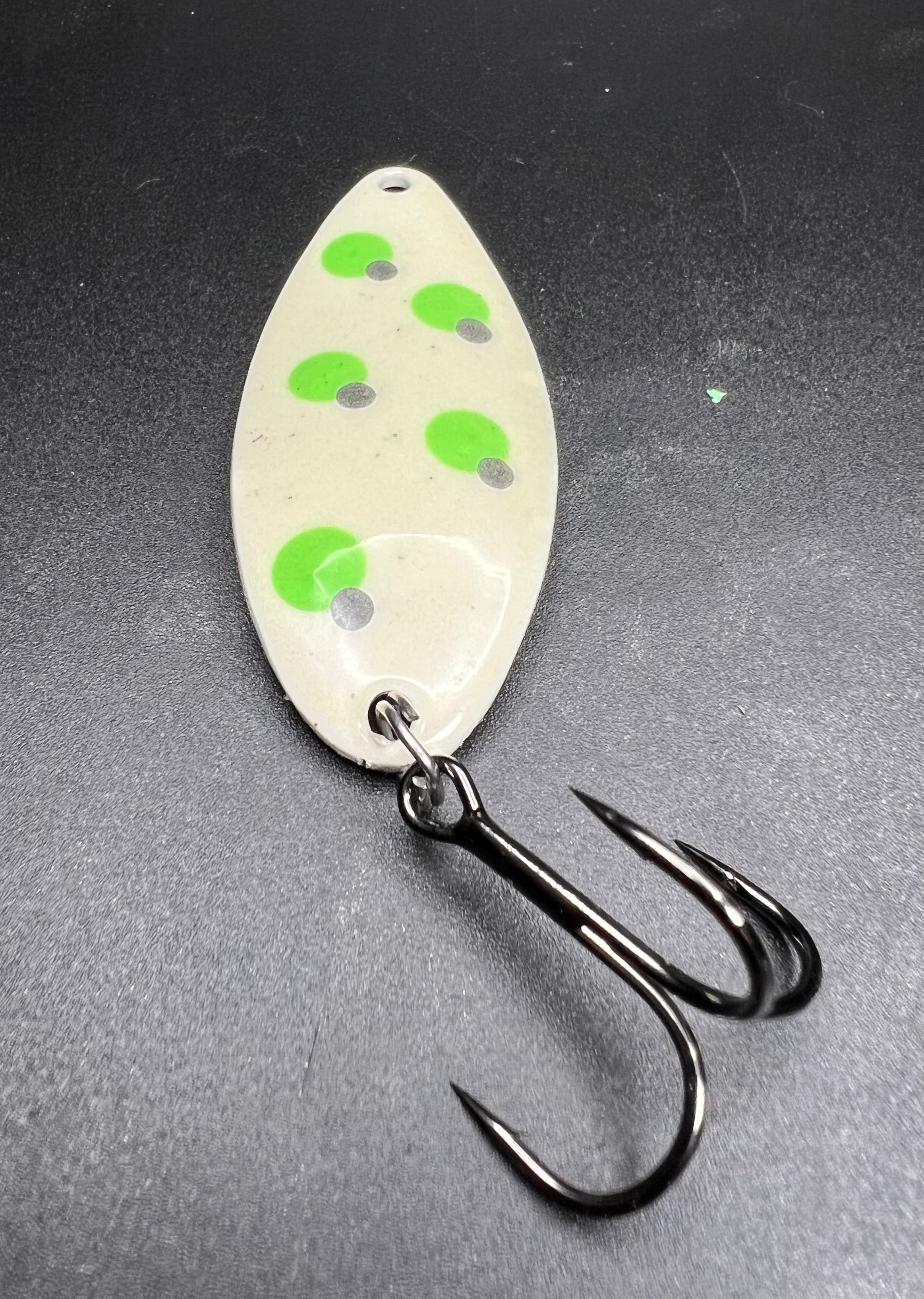 Glow Toad Super Glow Little Cletus spinner with green dot pattern and two treble hooks