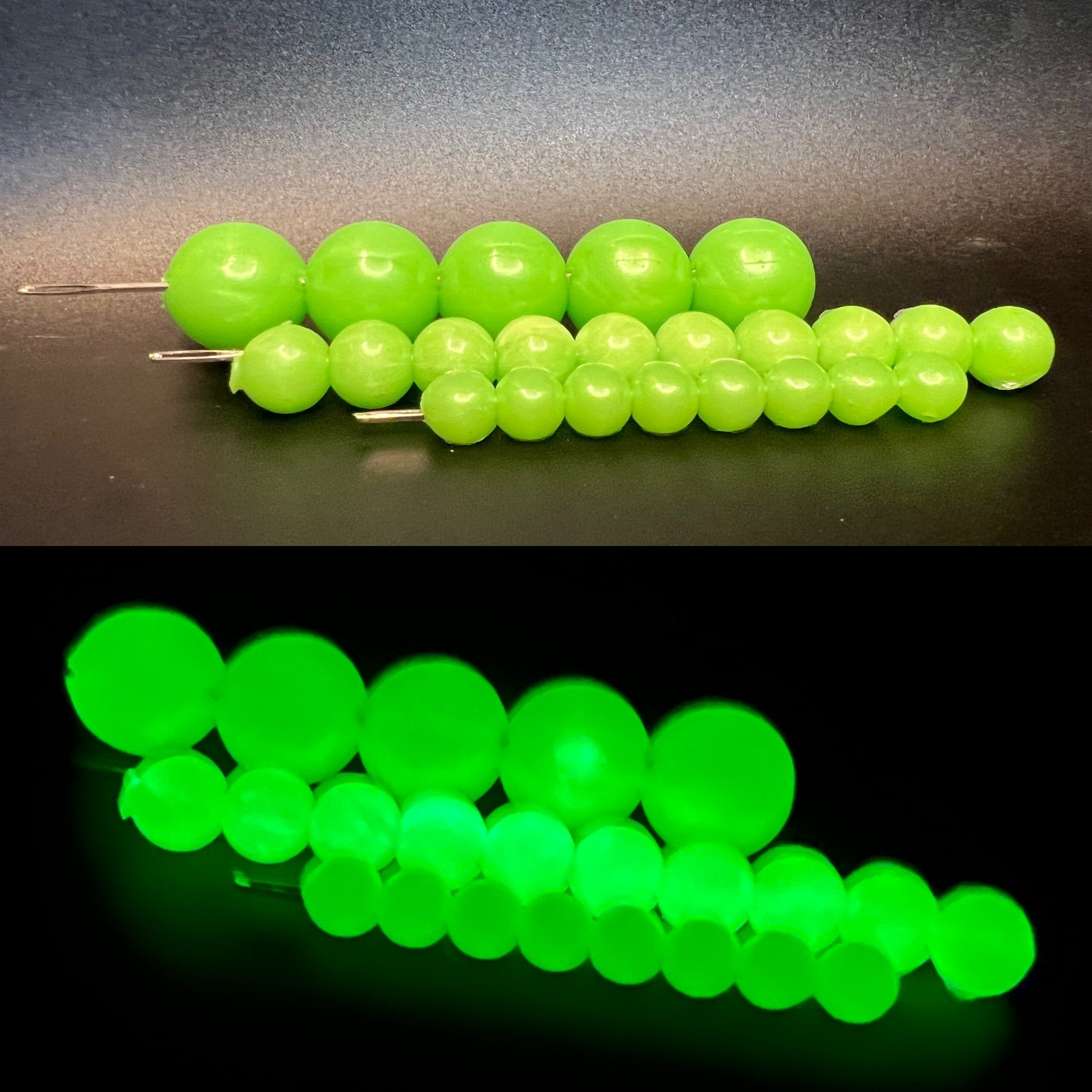 Green glow soft plastic roe beads on fishing hooks