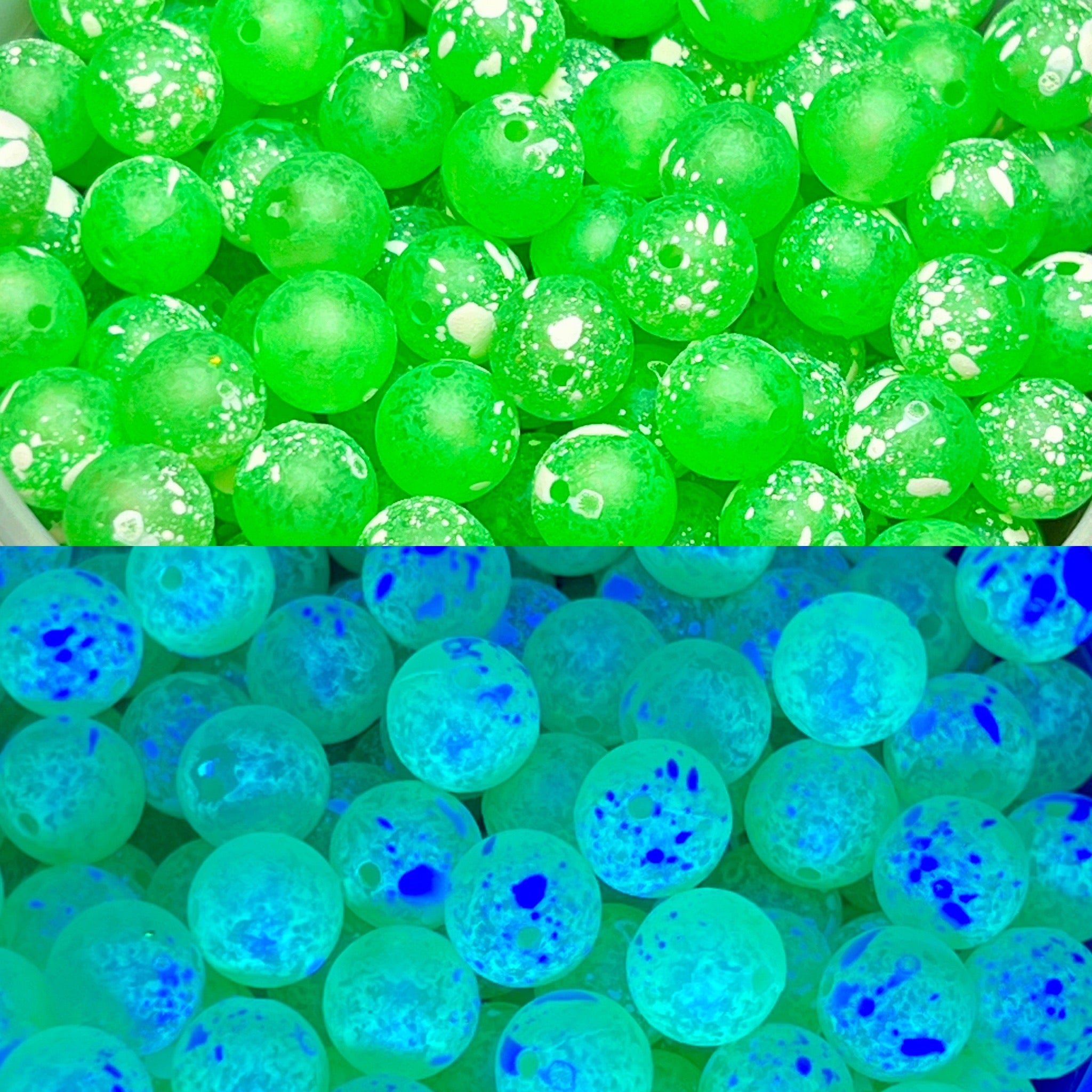 Gooseberry UV fishing beads, round glass-like beads in green and blue tones
