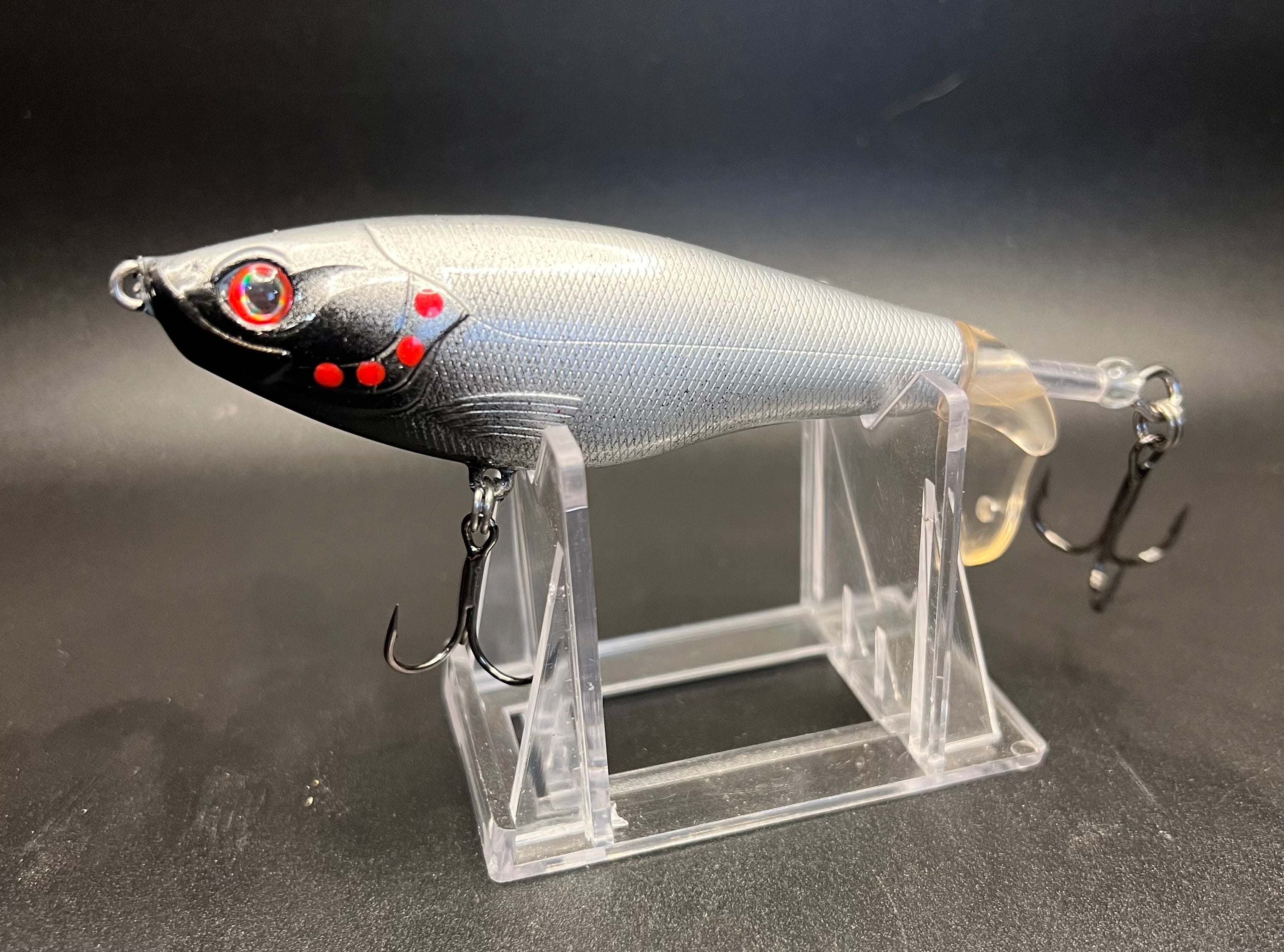Quicksilver Flopper Plopper flat side lure, silver/black with red spots and 3 hooks