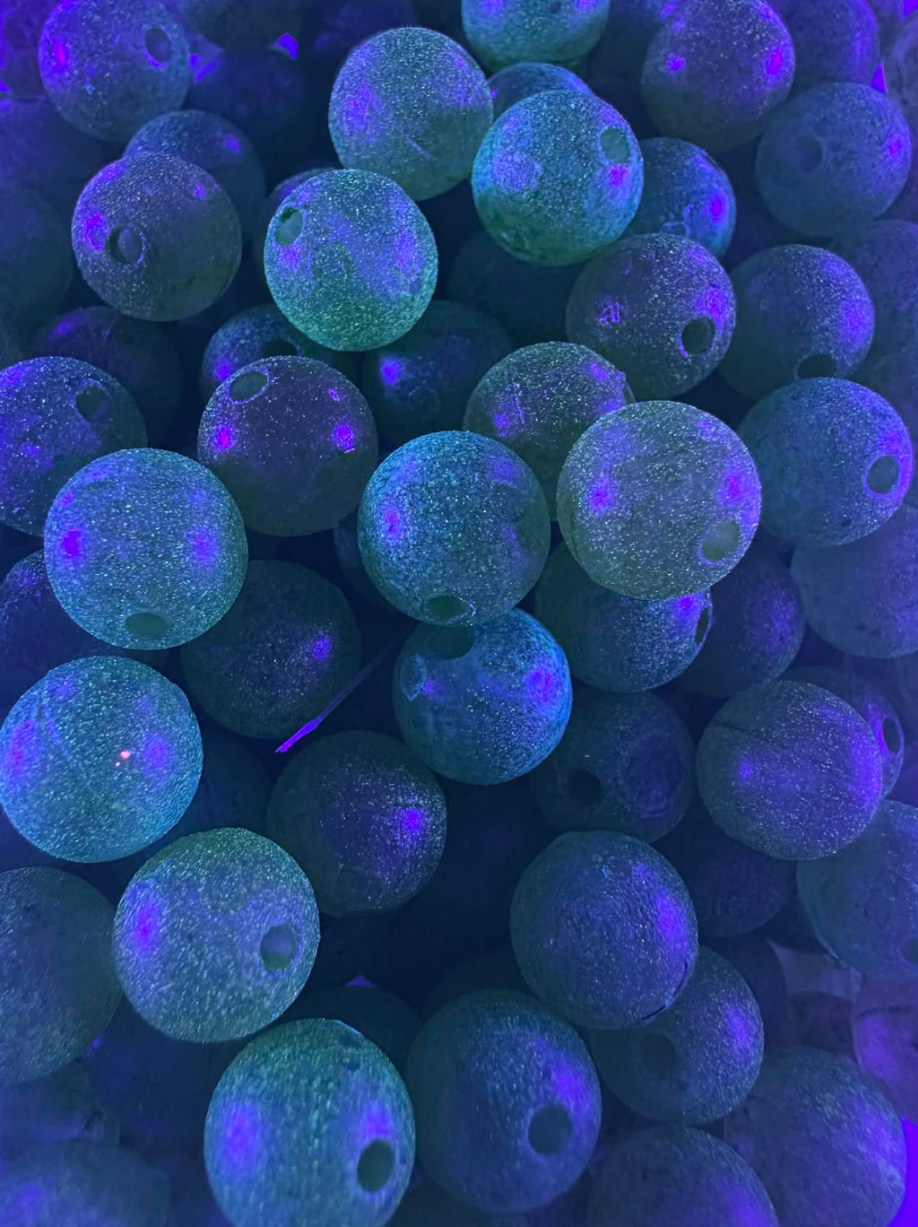 UV glow fishing beads, blue-purple plastic with drilled hole