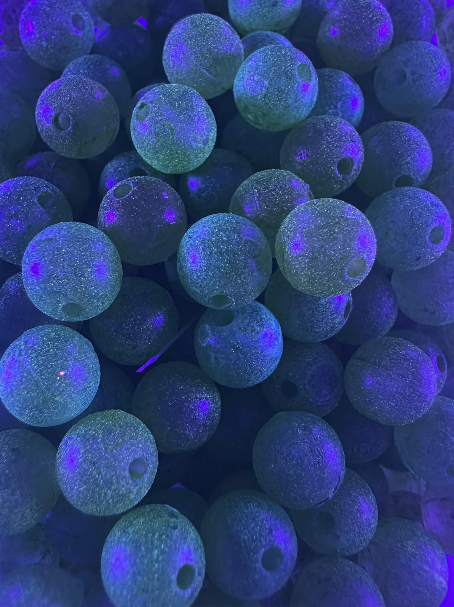 UV glow fishing beads, blue-purple plastic with drilled hole