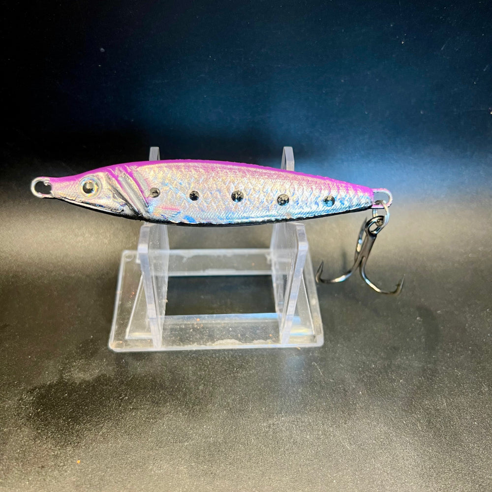 Linkin Shark jigging spoon, 2 oz, iridescent pink-blue with silver body and hook