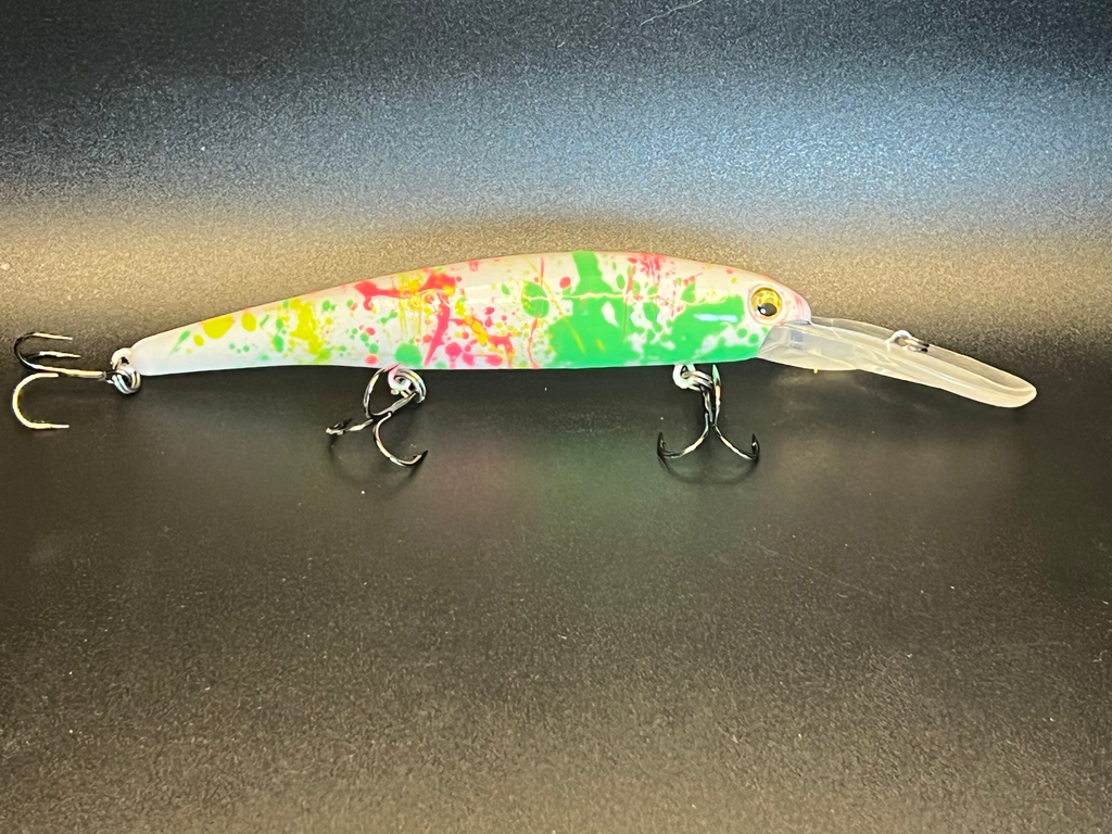 Green-and-white walleye trolling lure with clear lip and treble hooks