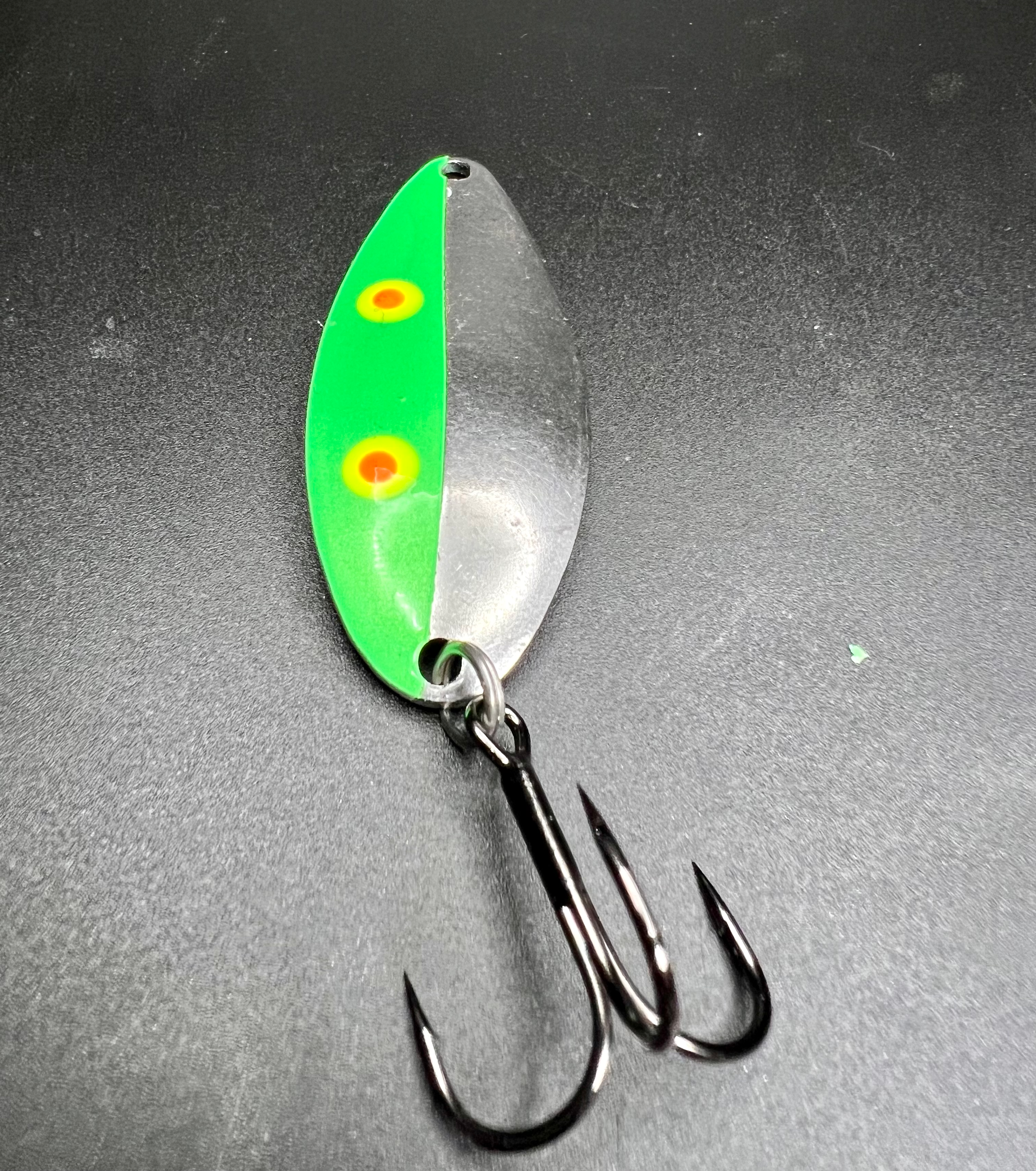 Biohazard Little Cletus spinner spoon lure: green/silver with yellow spots, treble hooks