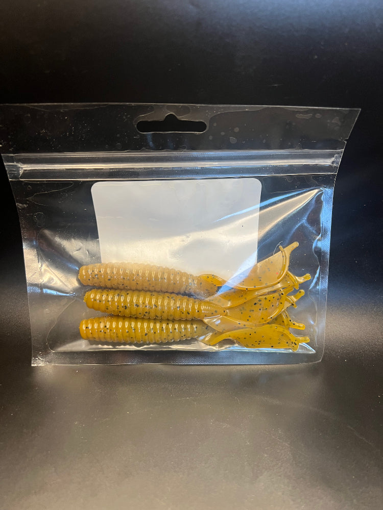 Soft plastic crayfish lure set in yellow translucent with speckled tails
