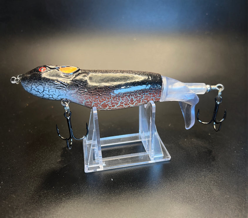 Flopper Plopper 130mm lure, blue/red scale finish, 3 strong treble hooks