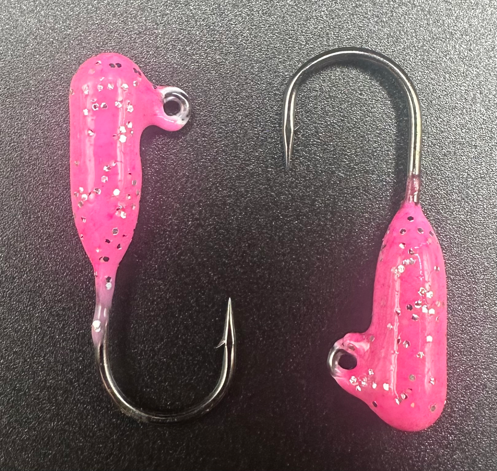 Steelhead tube jig set: two pink jig tubes with black specks and double hooks