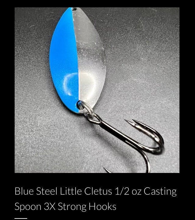 Blue and silver casting spoon with three treble hooks and metal ring