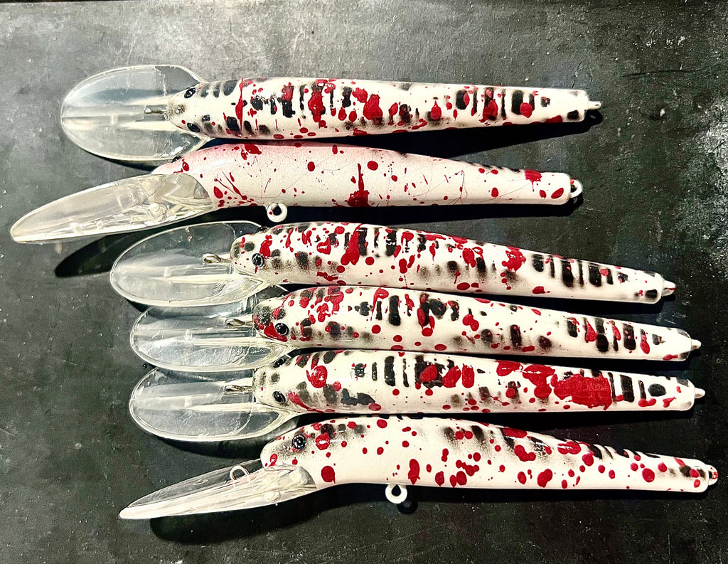 Set of Lightningstick lures, white with red splatter, clear lips, treble hooks