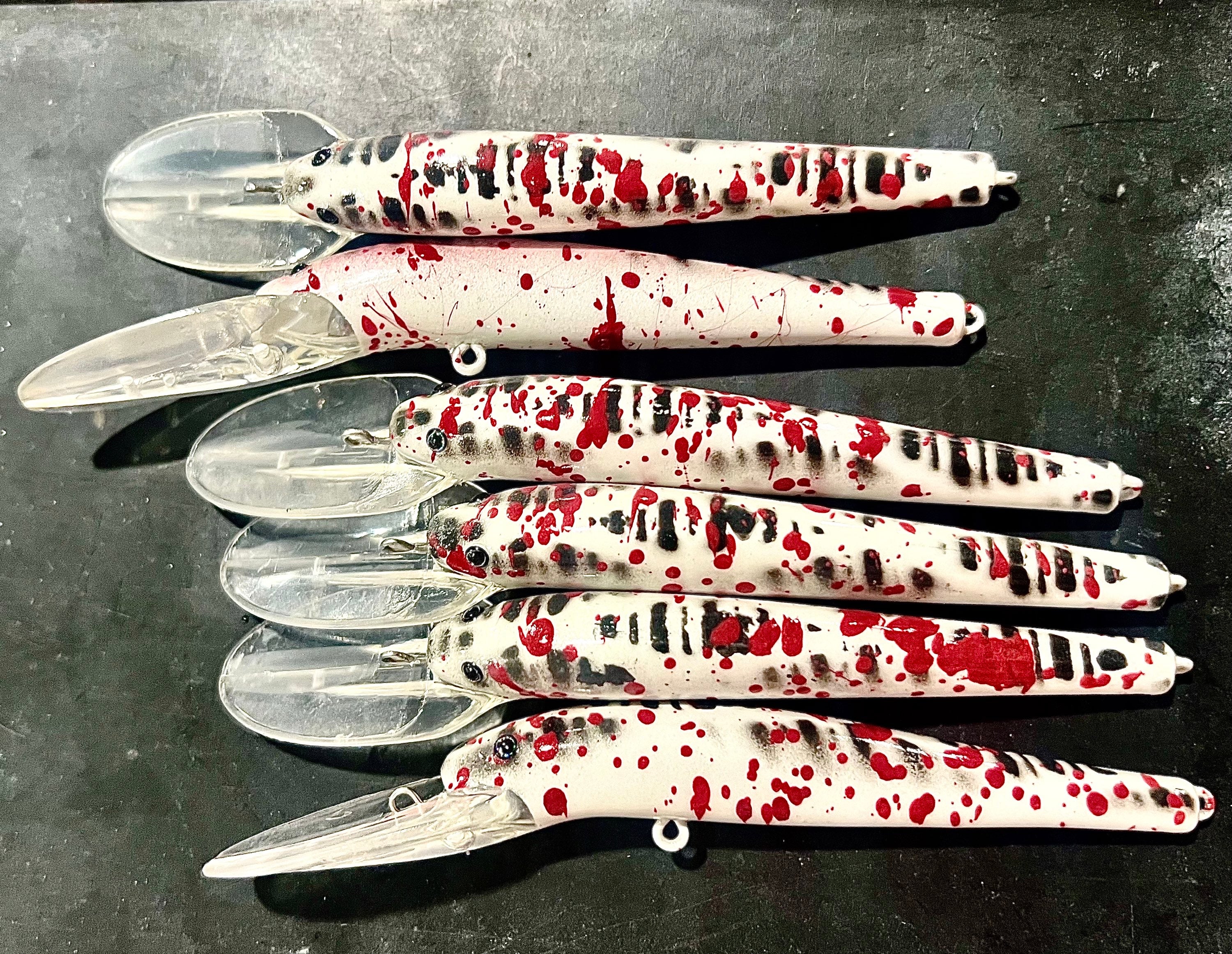 Set of Lightningstick lures, white with red splatter, clear lips, treble hooks