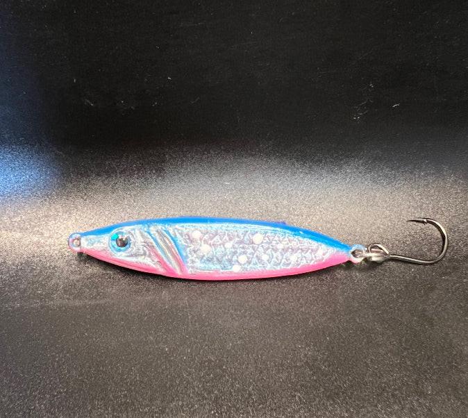 Jiggy Stardust 3/4 oz jigging spoon in pink and blue with treble hook