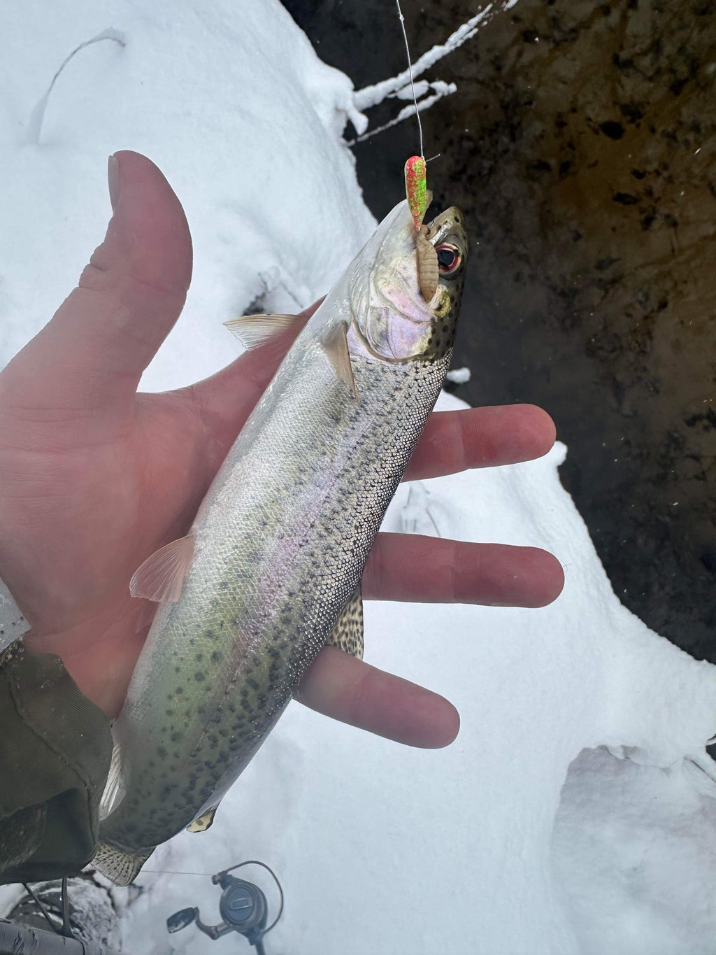 Pink-and-green speckled tube jig hooked to caught steelhead in hand