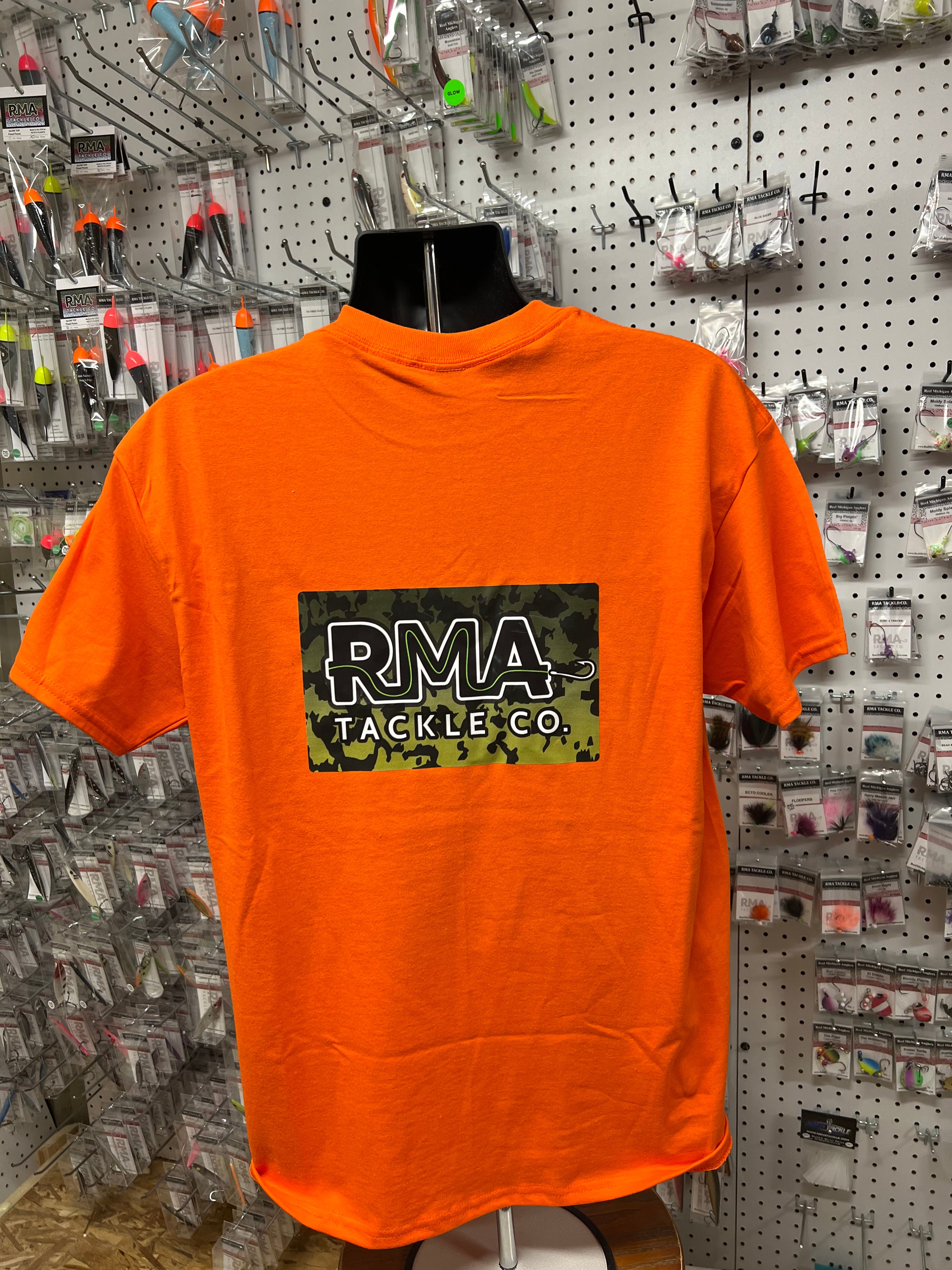 Large orange T-shirt with RMA Tackle Co logo graphic on center chest