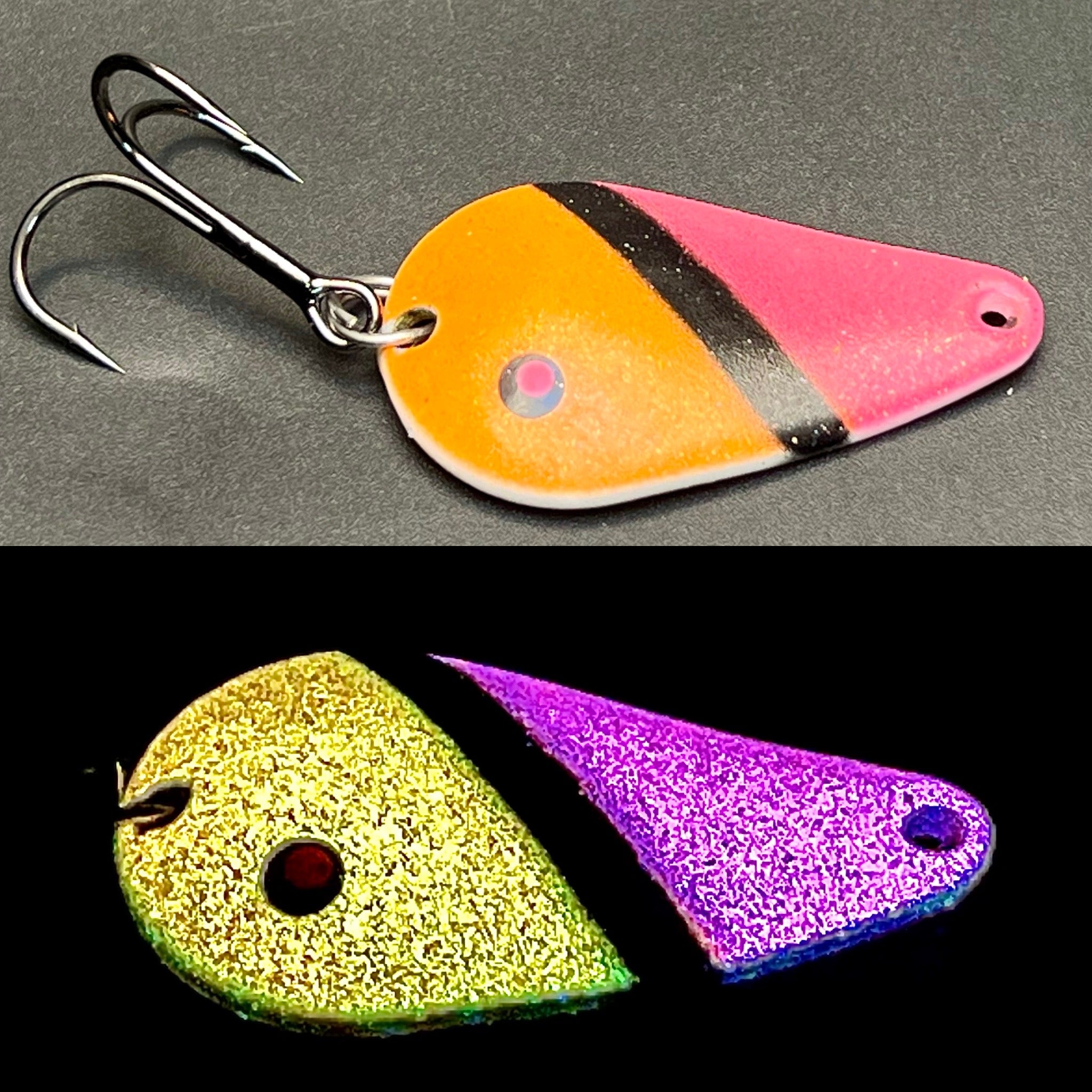 Two-tone glitter fishing spoon lure with treble hook; orange, pink, and yellow finish