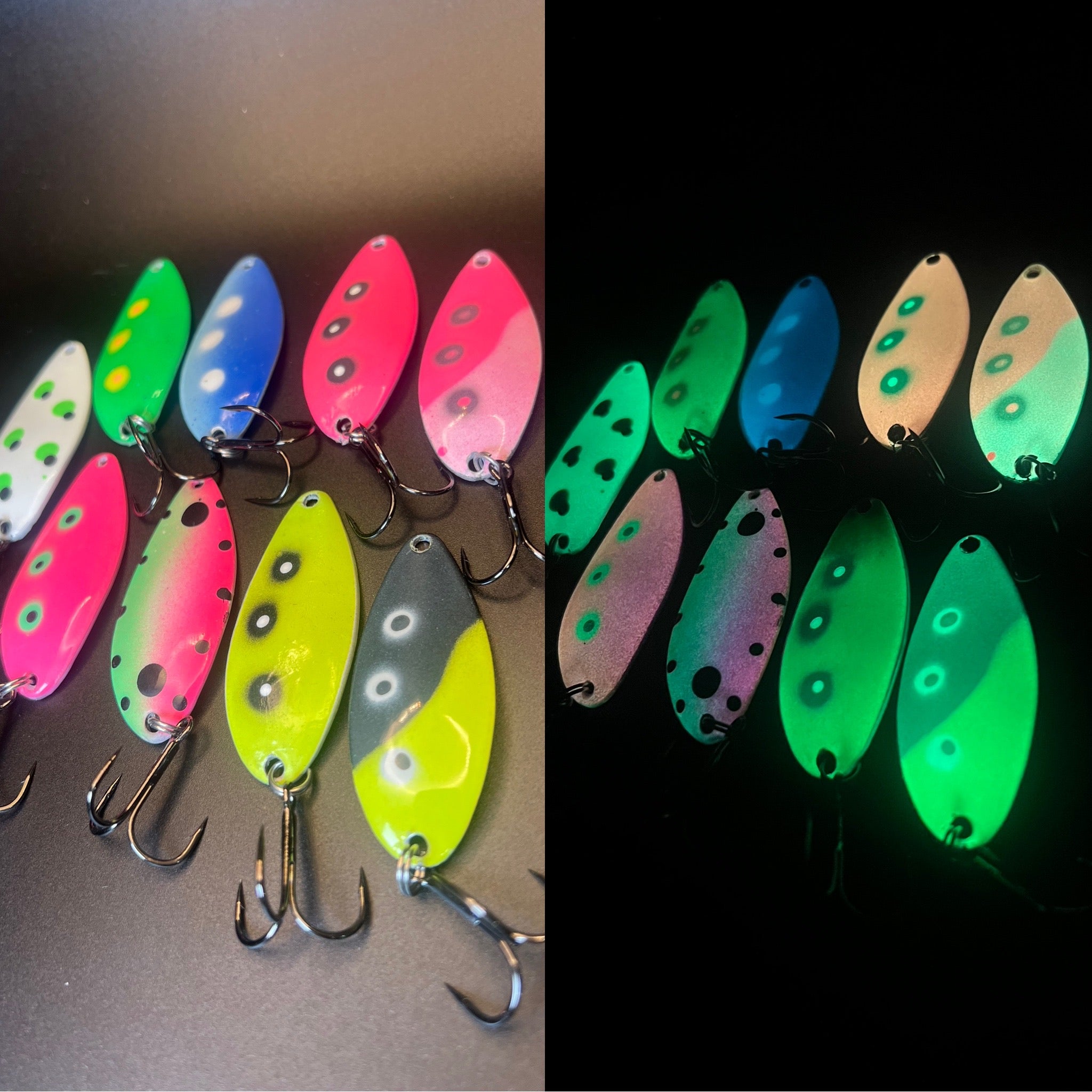 Glow spoon lures, multicolor with dot eyes and treble hooks, assorted finishes