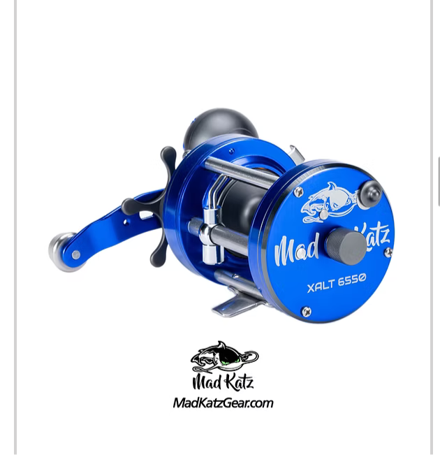 Baitcasting fishing reel with blue spool and black handle