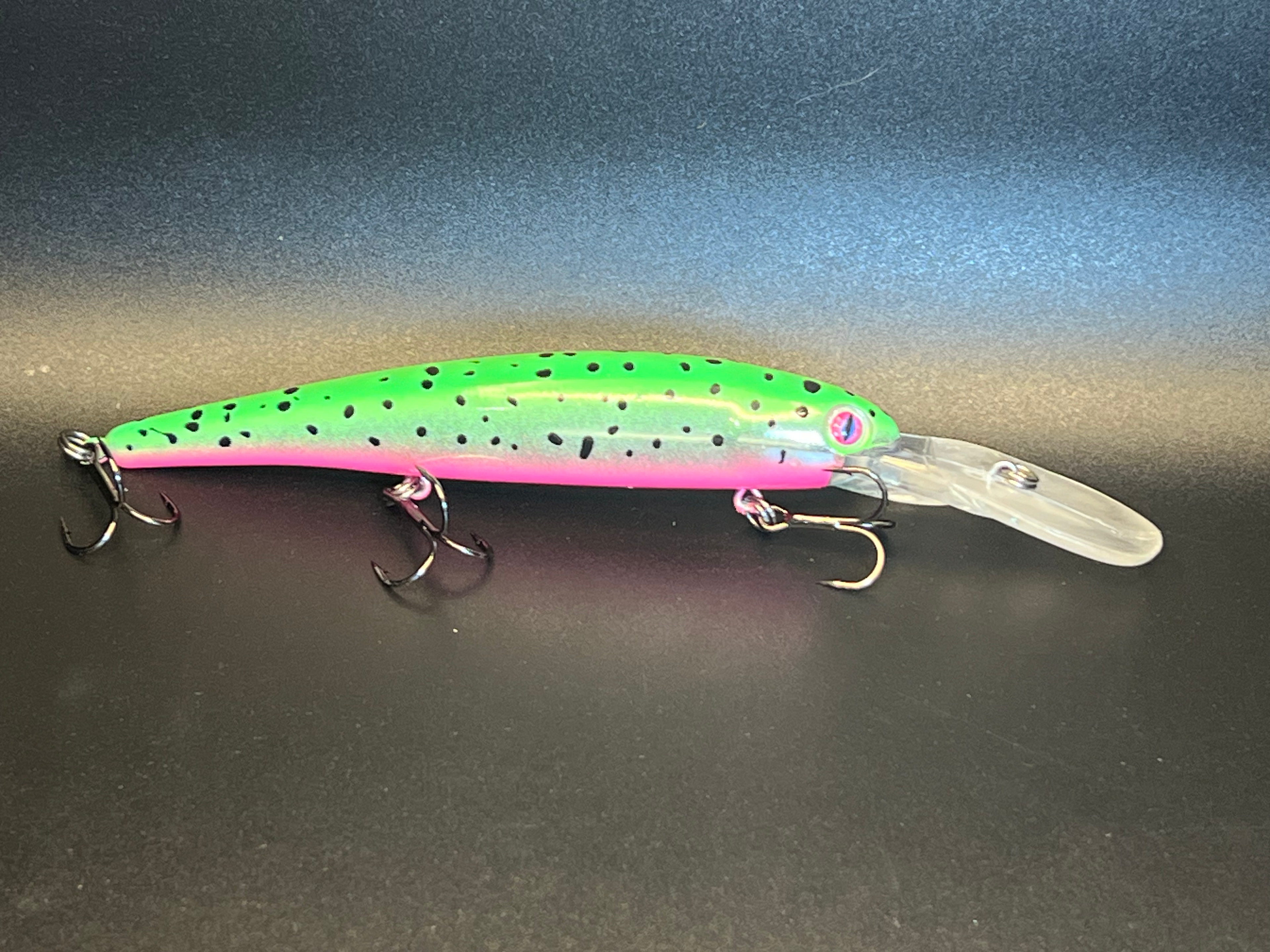 Troutermellon UV Walleye trolling lure, green/pink with spots, clear lip, 3 hooks