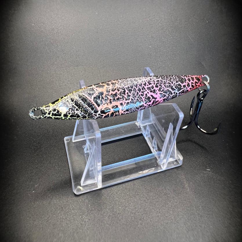 Nickelcracken UV jigging spoon, iridescent pink-black speckle with treble hook