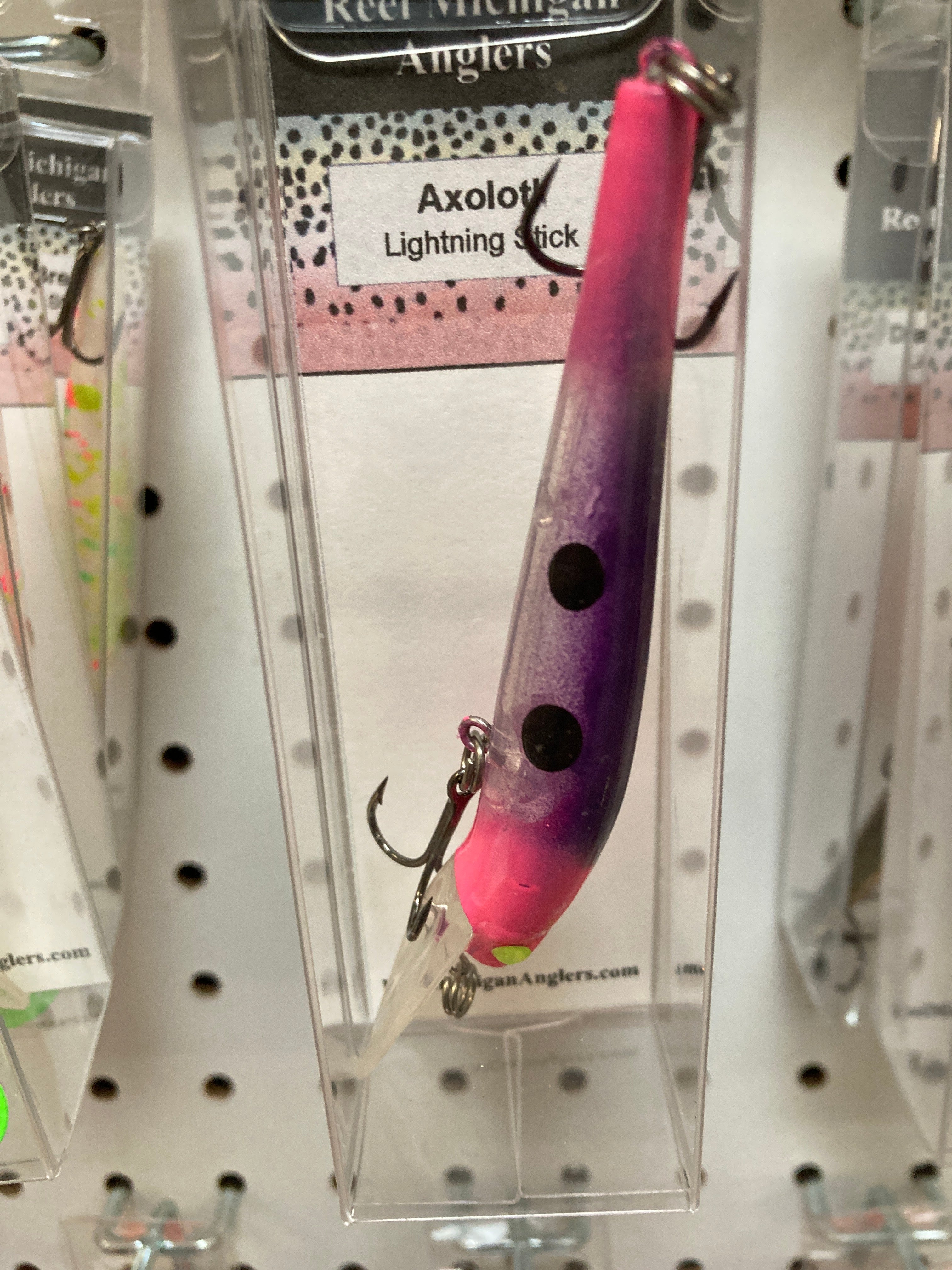 Purple-to-pink gradient fishing lure with black spot pattern and #6 hook.