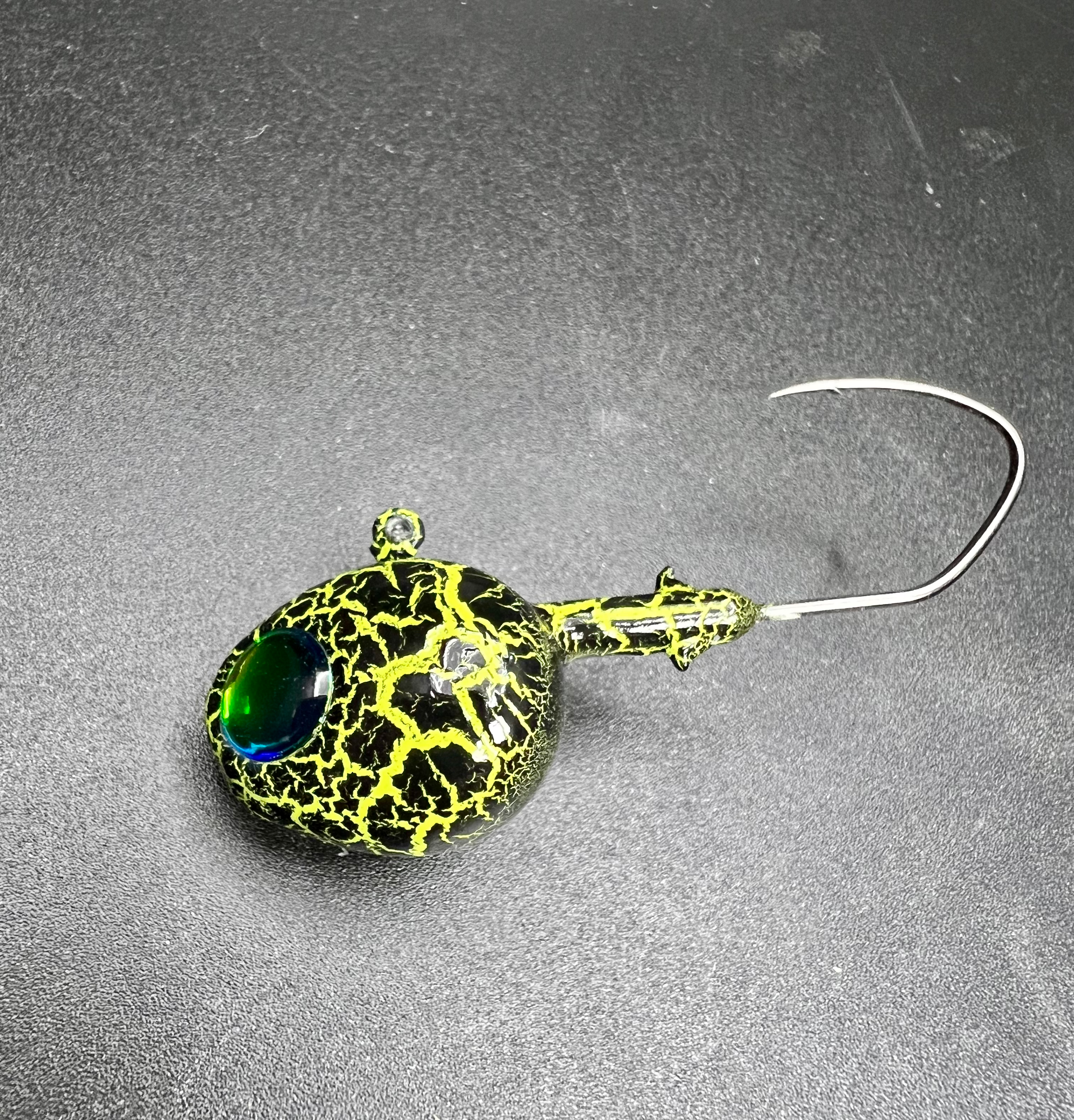 Tegu UV Walleye jig: neon chartreuse crackle head, green-blue eye, single hook