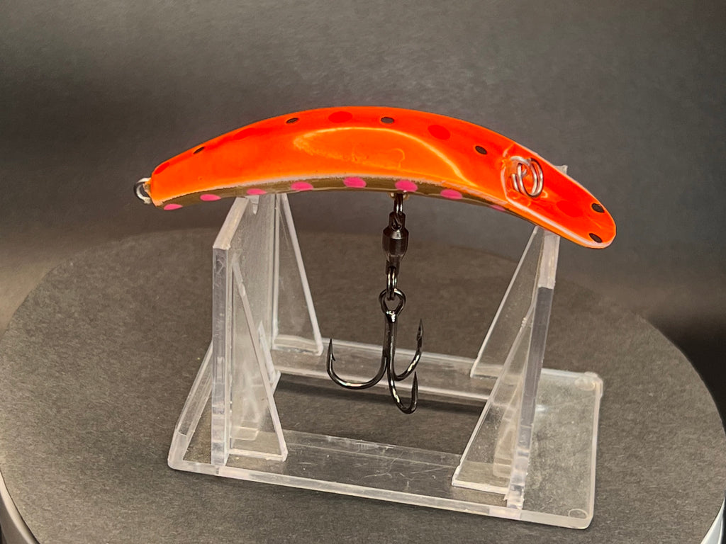 Orange UV Swiftfish crankbait with pink spots and double treble hooks
