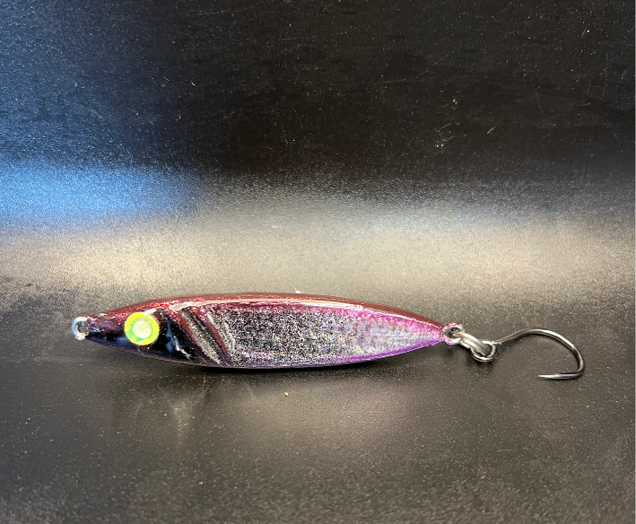 Fish Finder Death Punch Jigging Spoon 3/4 oz with purple/pink finish, green eye