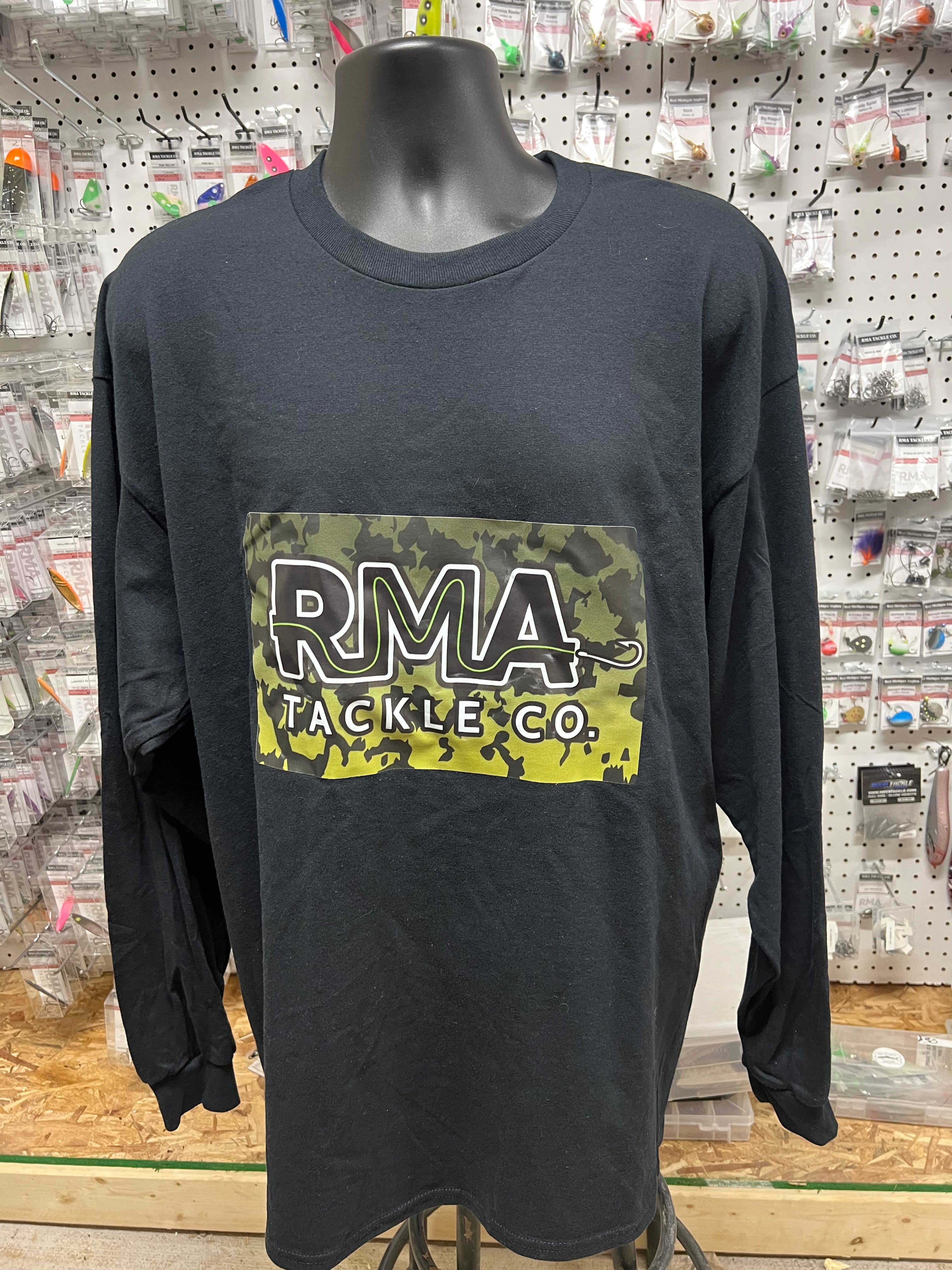 Long-sleeve crewneck T-shirt with front RMA Tackle Co graphic, dark charcoal