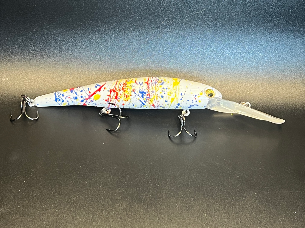 Walleye trolling lure with colorful speckled body, clear lip, and treble hooks