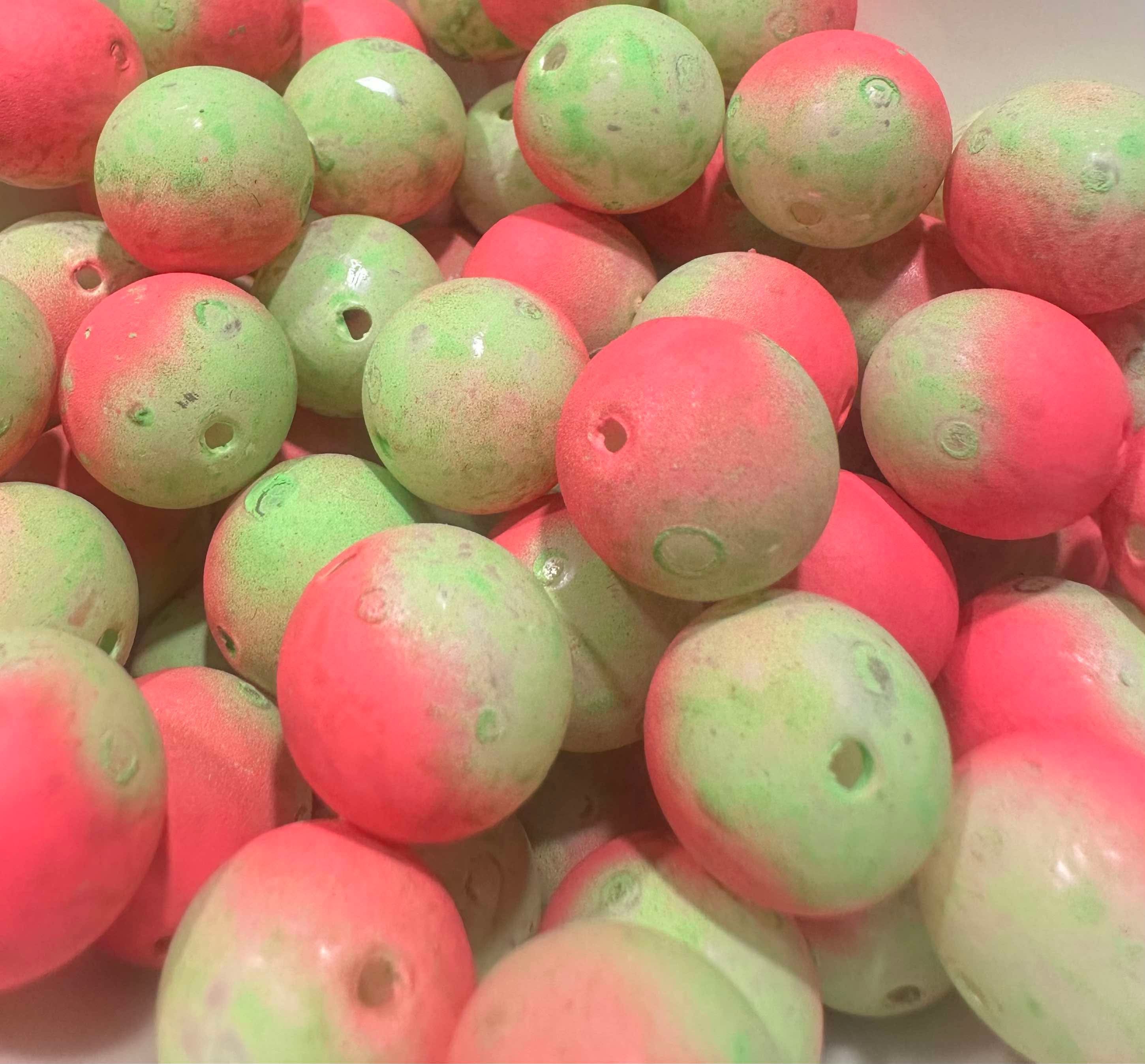 Pink and green plastic fishing beads, 16mm, UV, with holes for steelhead and salmon