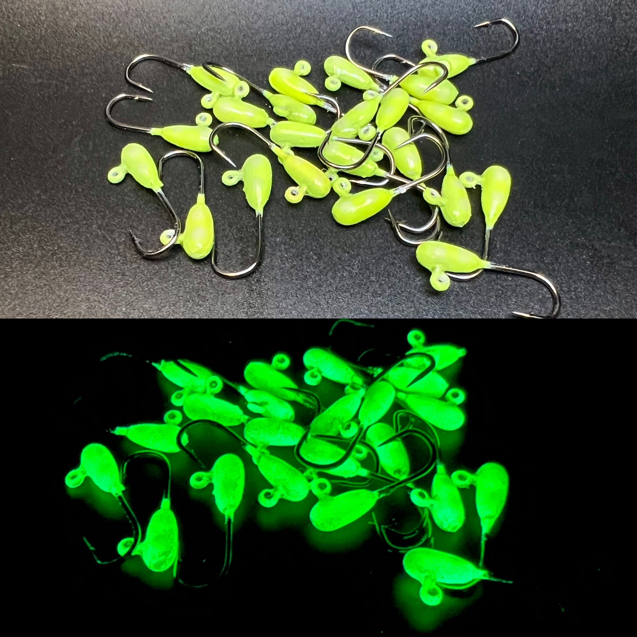 Yellow UV tube jig, steelhead #6 treble hooks, 1/32 oz glowing
