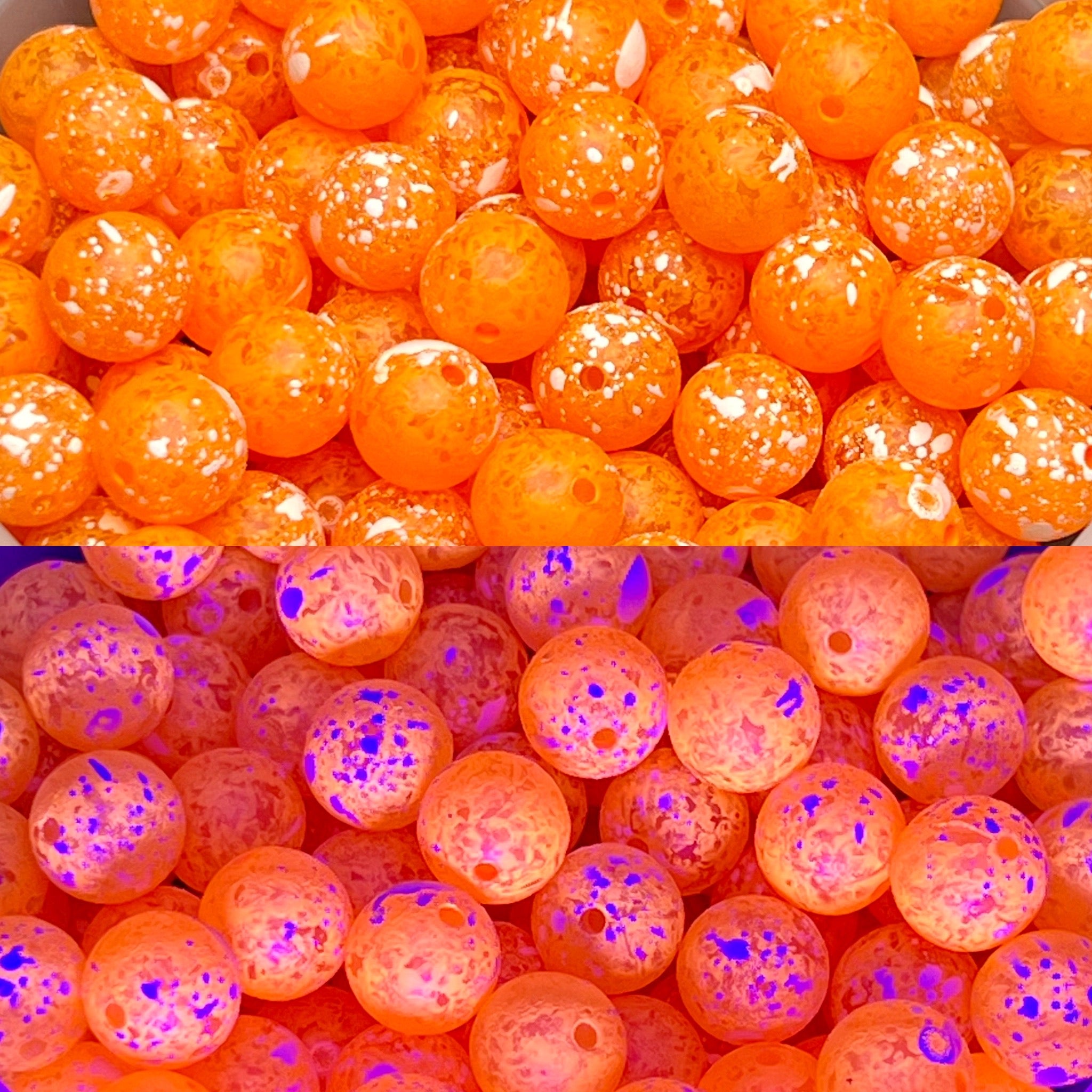 Orange UV fishing beads with purple UV glow, round bead pile