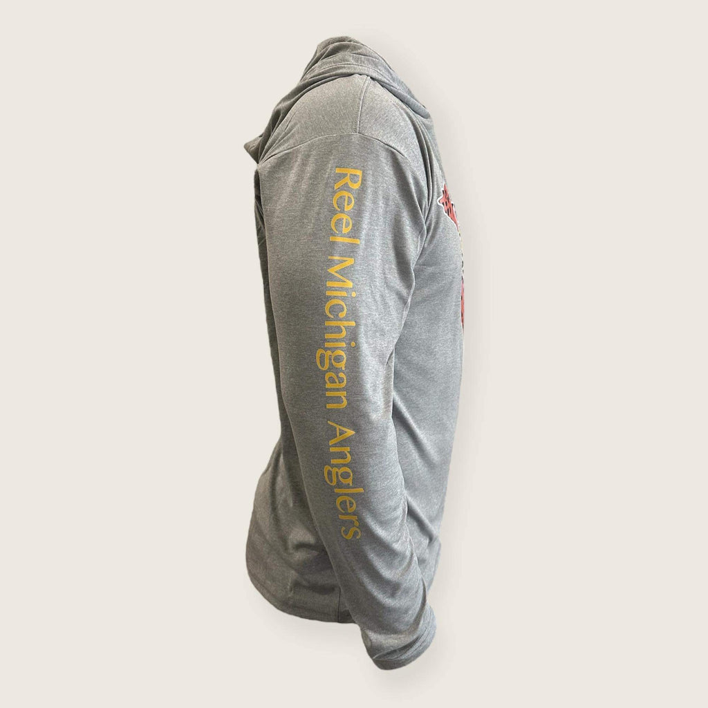 Grey long-sleeve hooded sun shirt with “Reel Michigan Anglers” text on sleeve