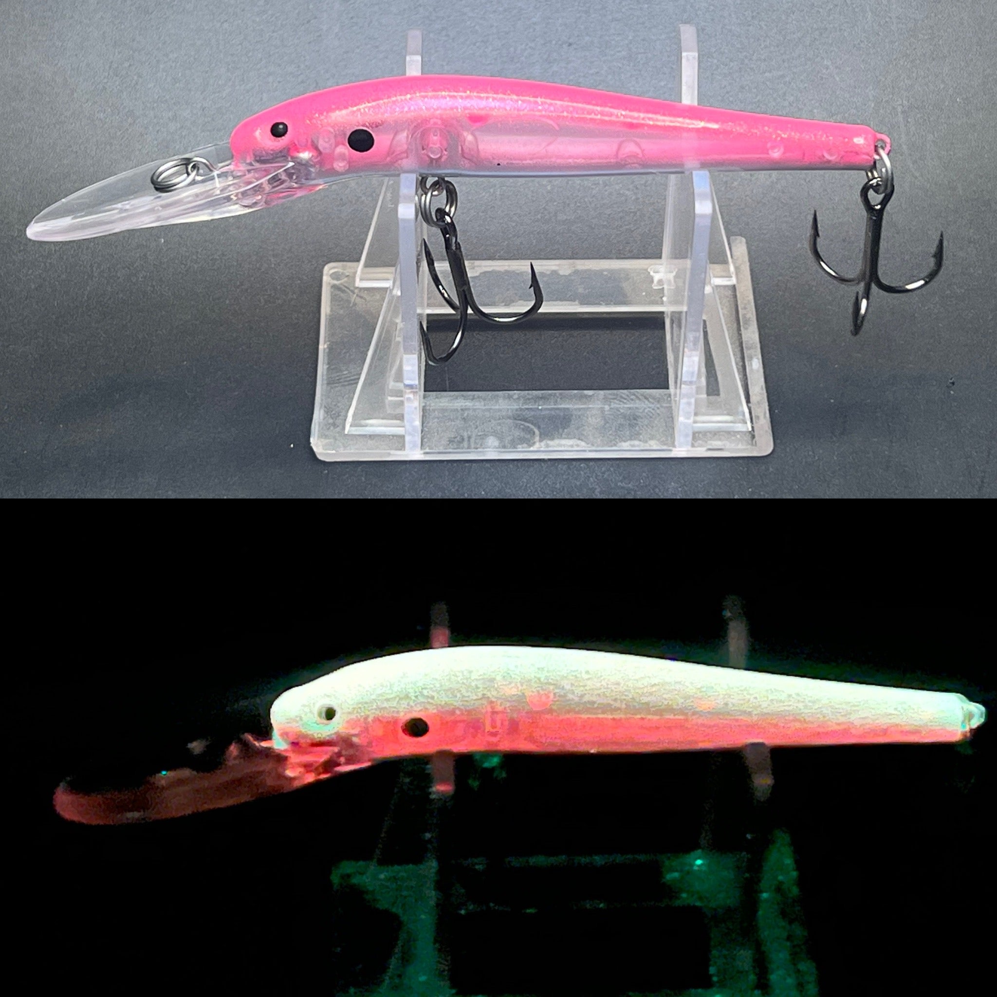 Pink floating fishing lure with clear top and treble hooks, UV glow style