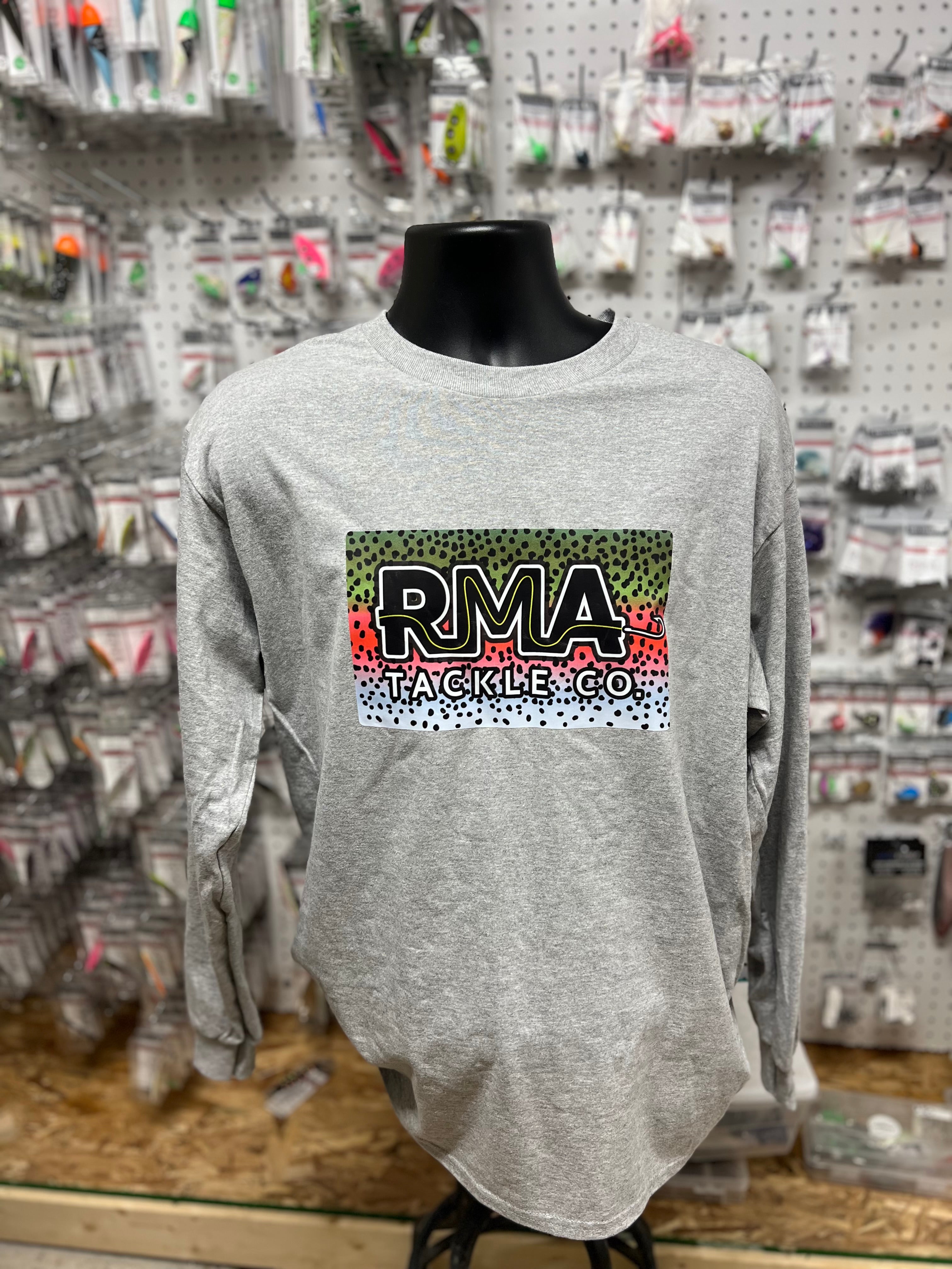 RMA long-sleeve T-shirt, heather gray with front 'RMA Tackle Co' logo
