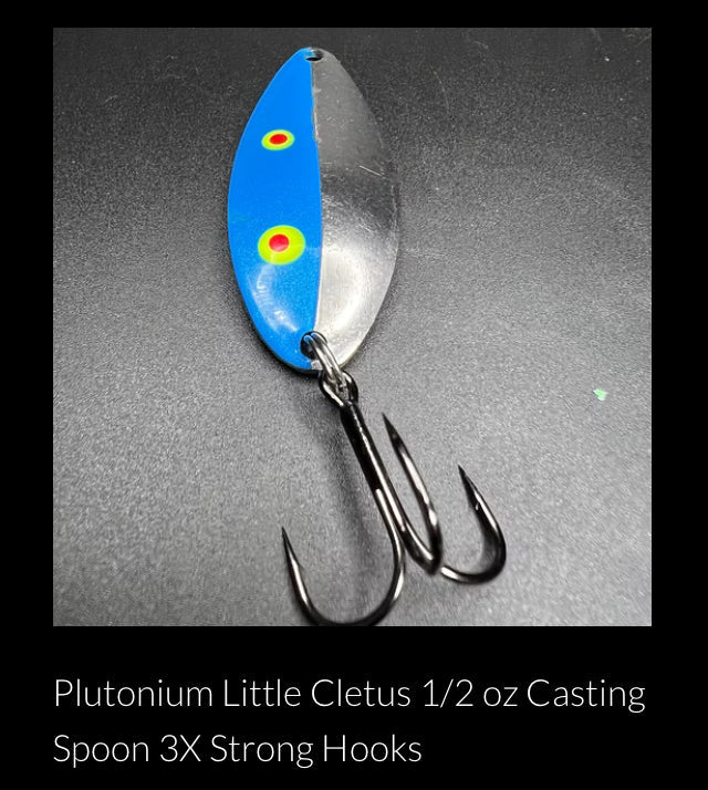 Blue casting spoon with colored dot accents and three treble hooks
