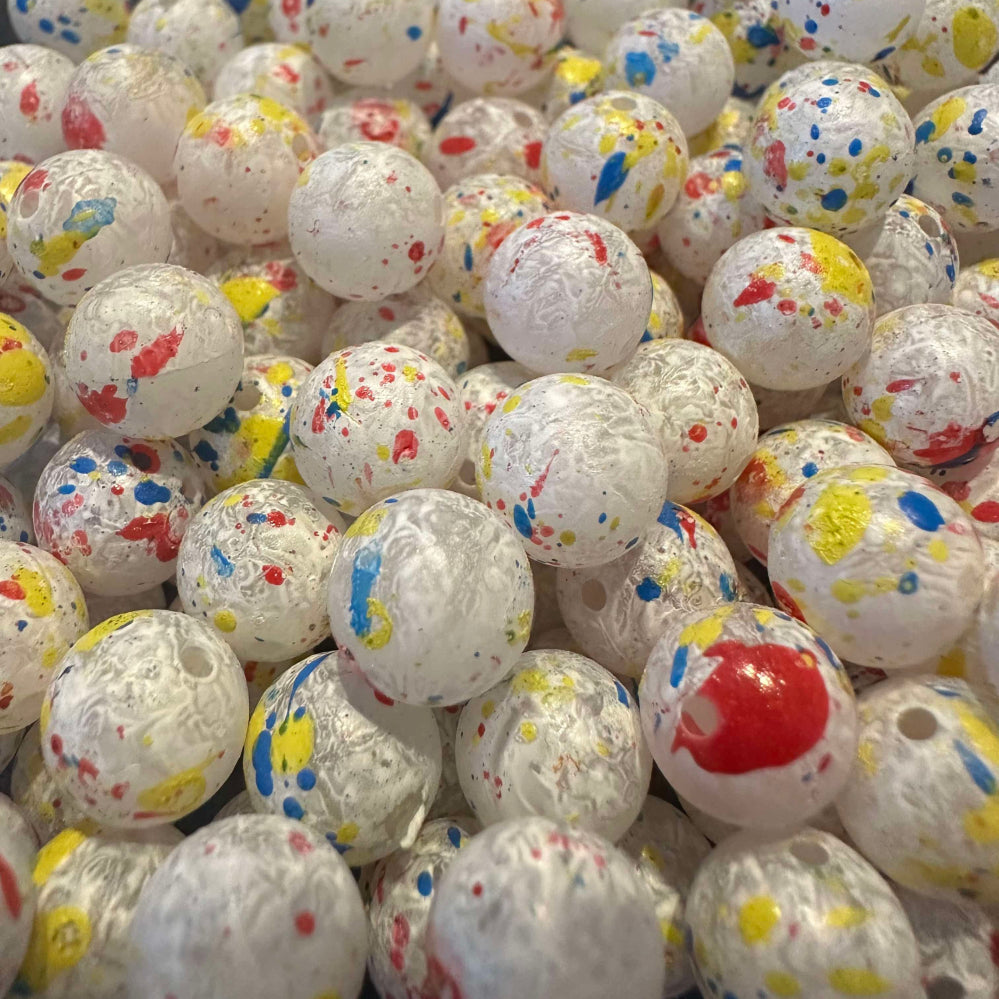 Onederbead plastic fishing beads, white with multicolor speckled paint