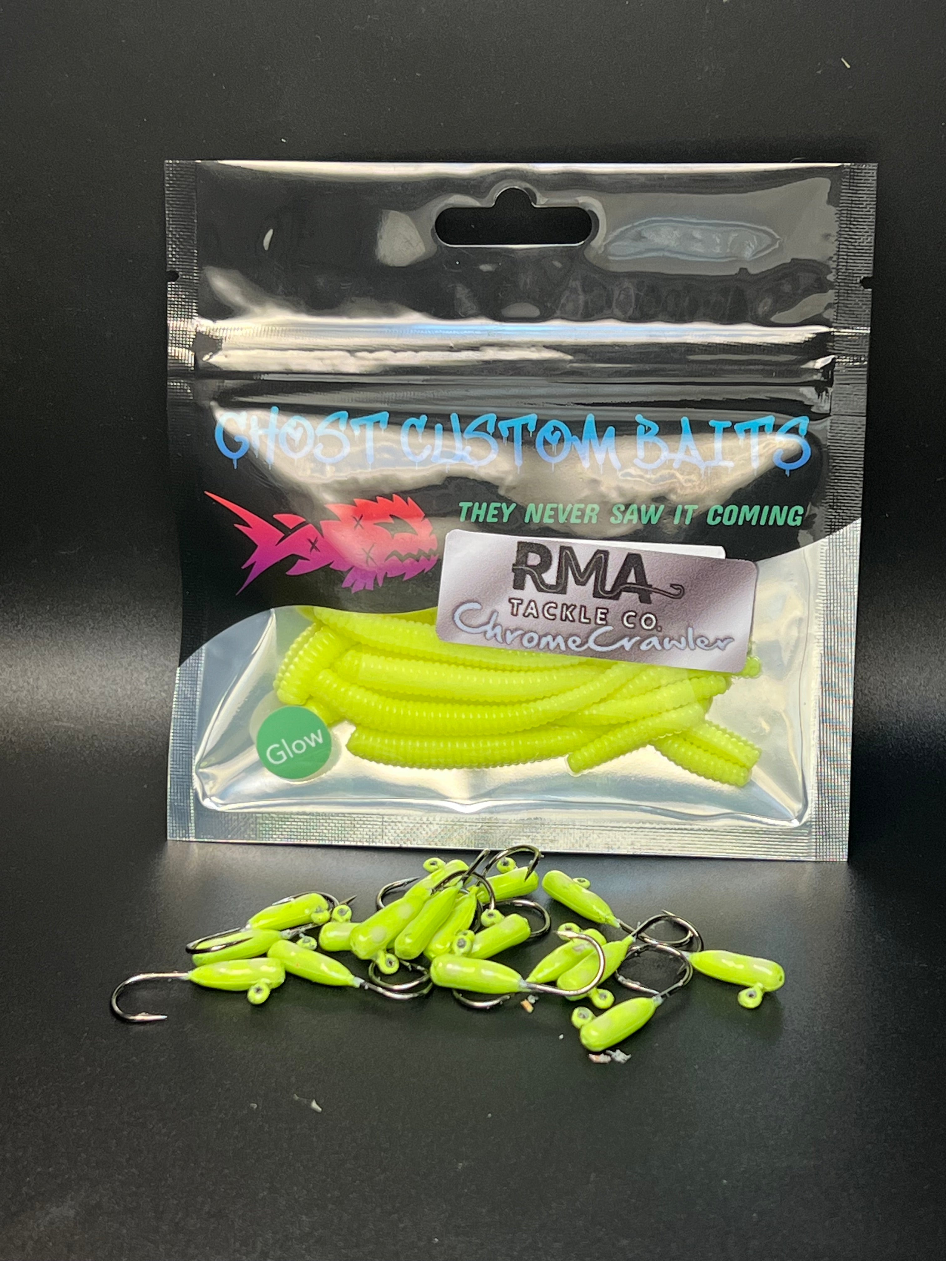 RMA Chrome Crawler package with yellow glow soft plastic crawlers