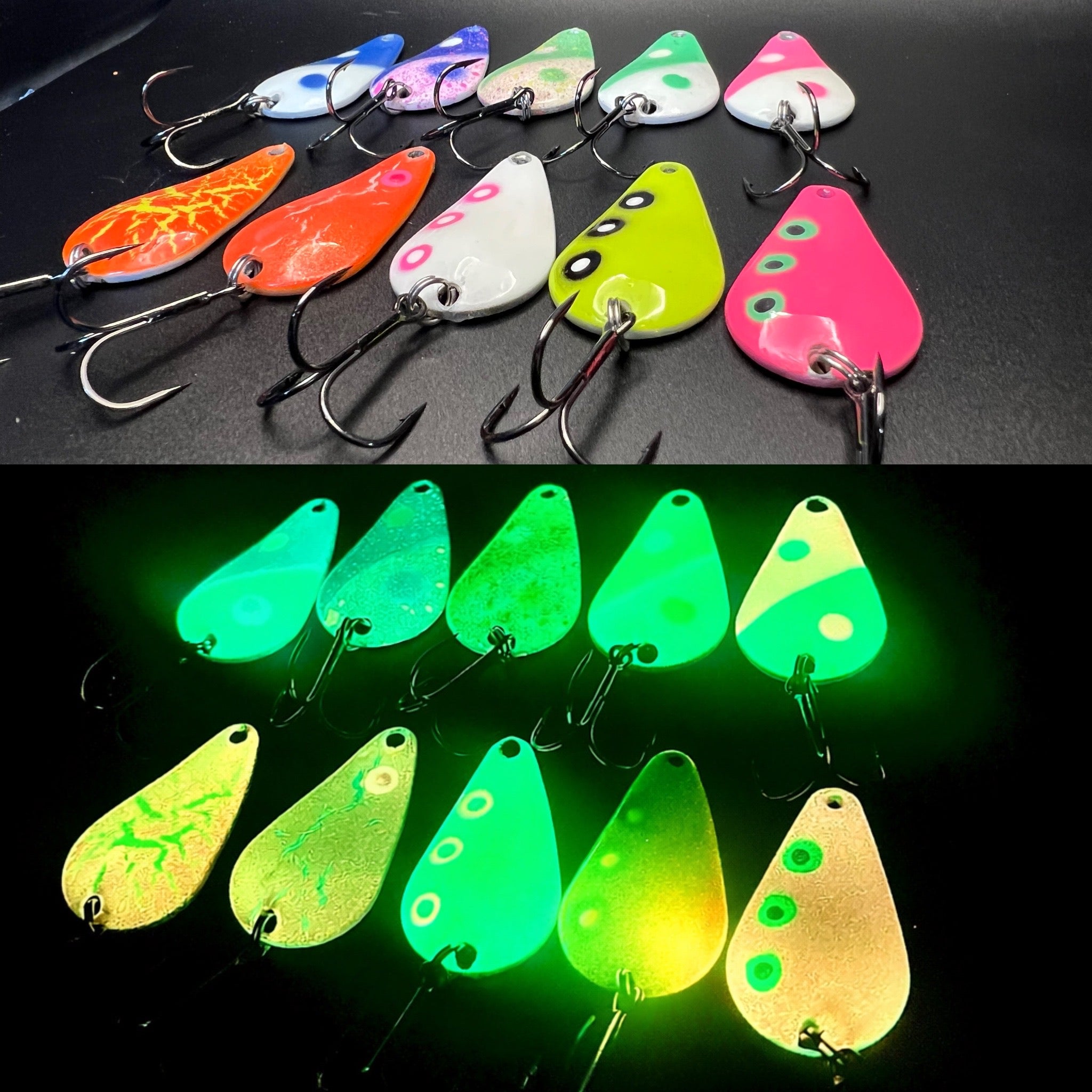 Radioactive Glow TJ Bobbler lures, multiple teardrop spoons glowing green with hooks