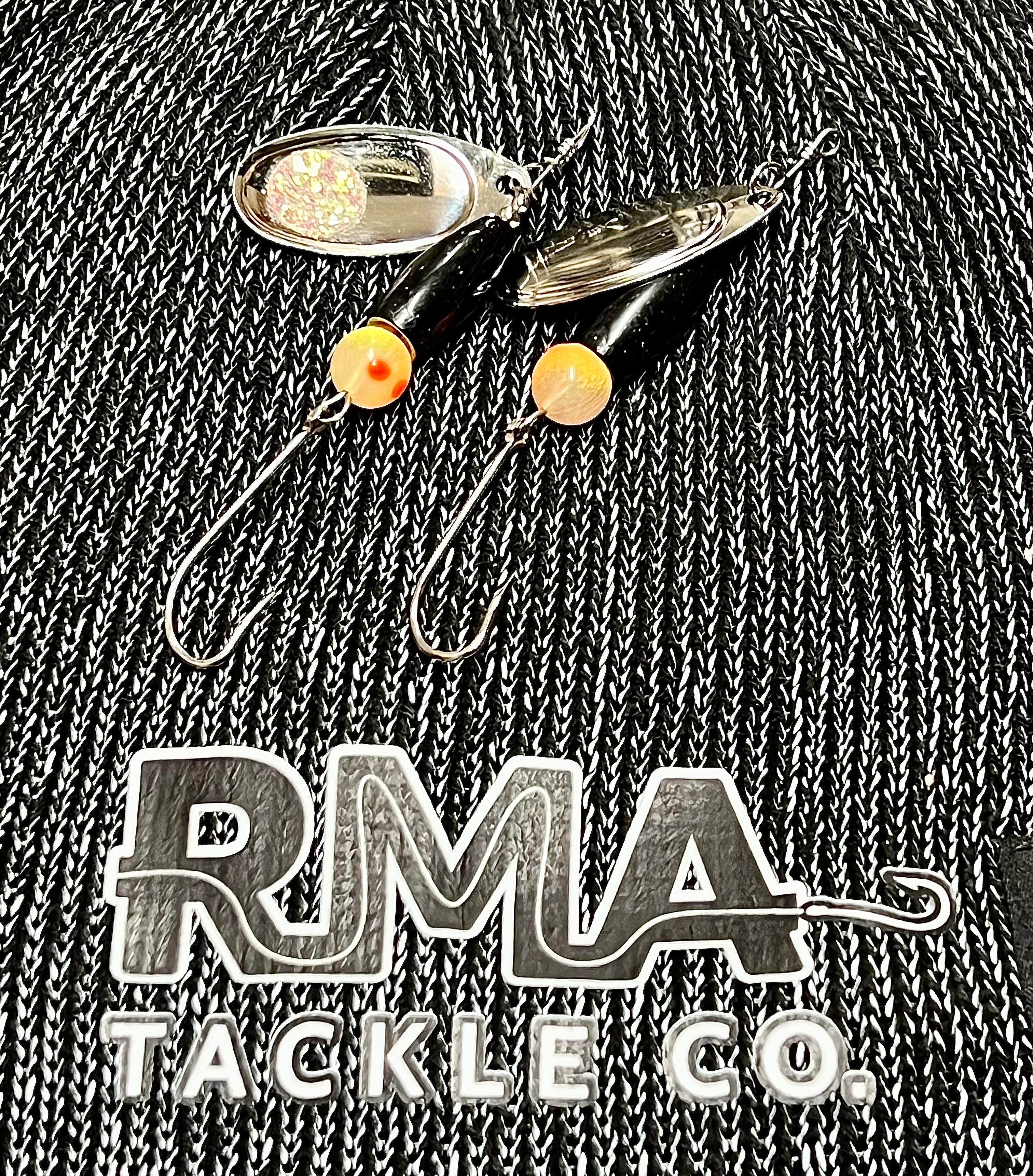 Black knit T-shirt with RMTA Tackle Co. logo and dangling inline spinner graphics