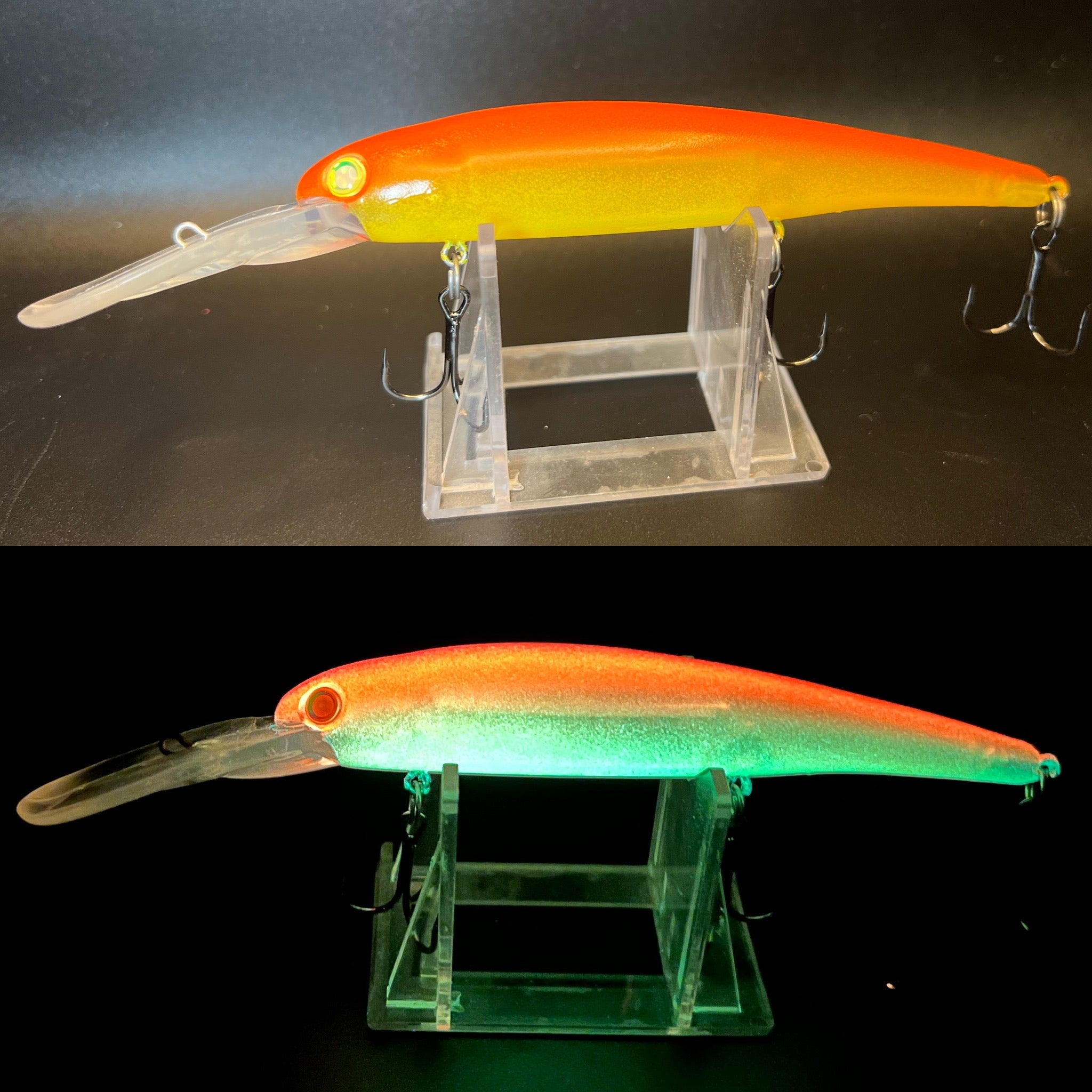 Mango Shiner UV banned-it walleye trolling lure on clear stand, orange-yellow body and hooks