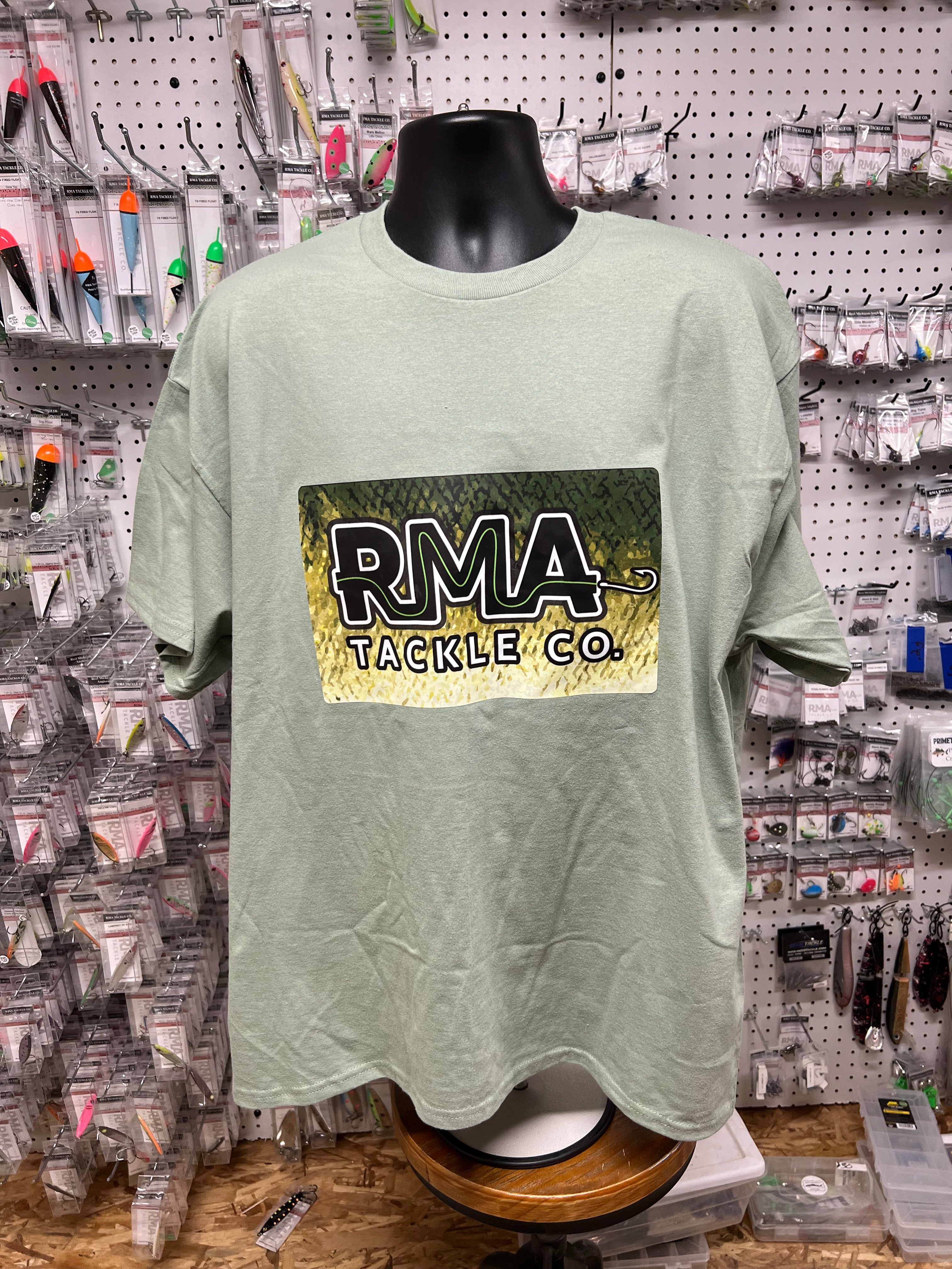 RMA T-Shirt with large front RMA Tackle Co. graphic on light heather gray